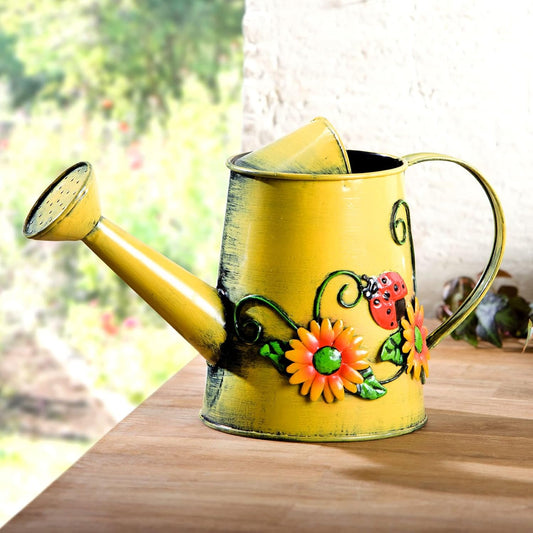 Decorative Sunflower & Ladybug Metal Watering Can (Vol: 4 Cups) | Small Yellow Watering Can | Garden Décor Housewarming Gift for Mother Women Friends Gardeners