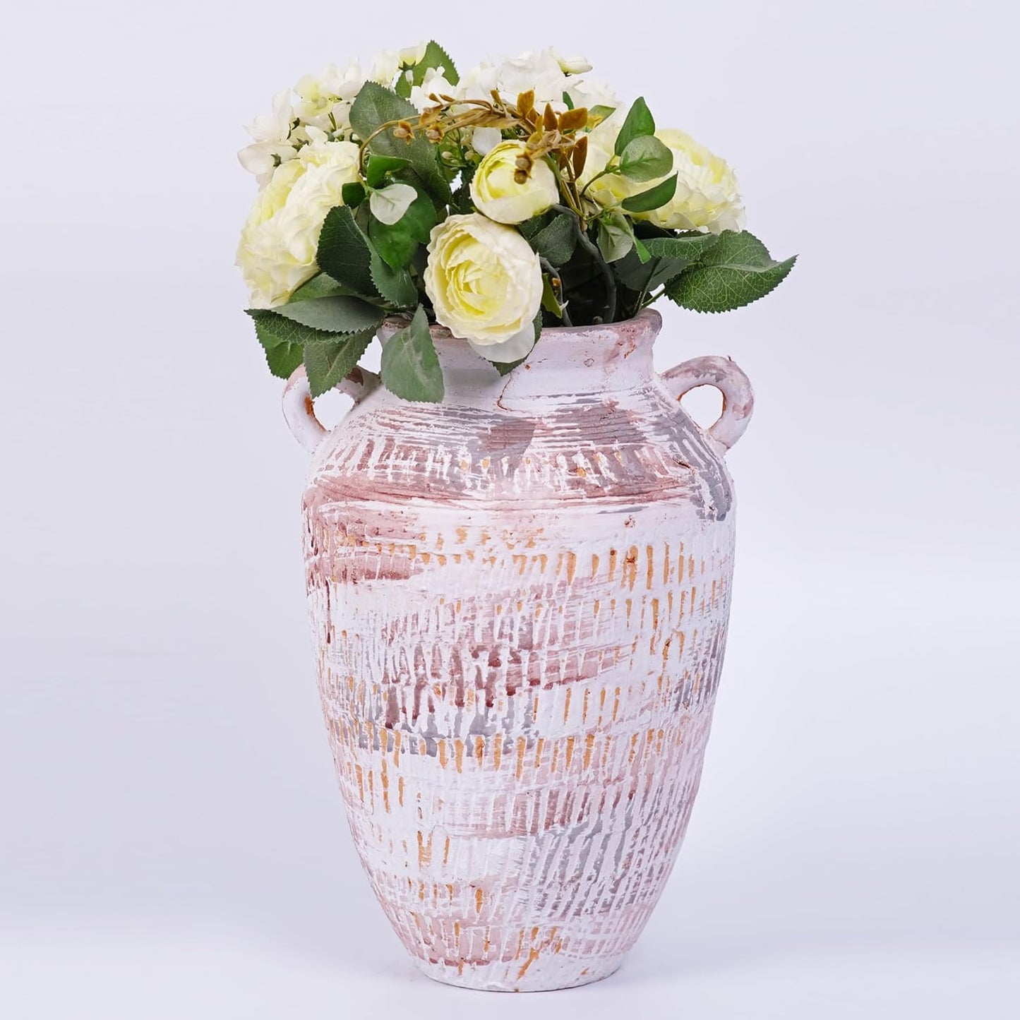 Vintage Ceramic Vase with Handles, 12.6" Height Distressed White & Brown Crackle Finish Planter, Handmade Pottery Flower Vase for Home Decor, Farmhouse, Boho Indoor Decor, with Waterproof Liner