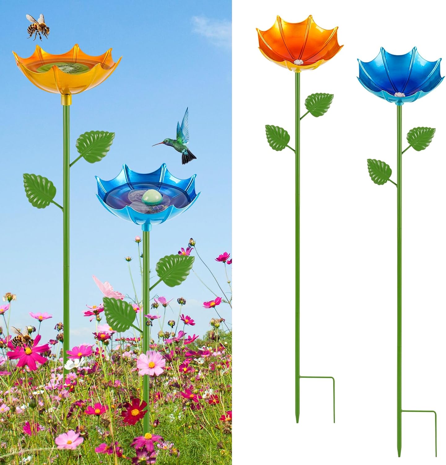 Bee Watering Station for Garden, 2 Pack Bee Drinking Station with Umbrella Design, Metal Butterfly Feeder Bee Baths for Outdoor Garden Yard Decor (Blue,Yellow)