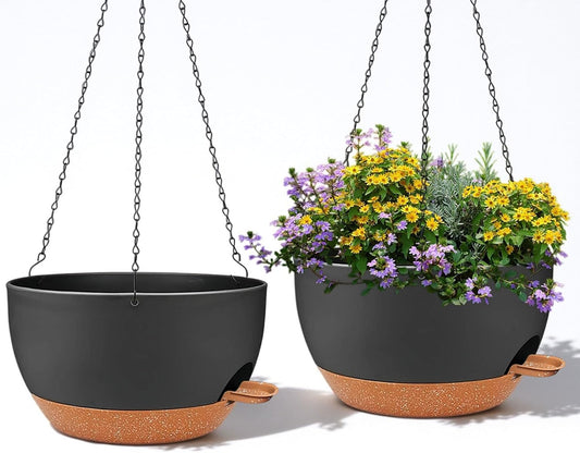 2 Pack 12 Inch Large Hanging Planters with Chains Self Watering Black Brown Plastic Hanging Pots for Indoor Outdoor Plants, Garden Porch Home Decor，Black Brown