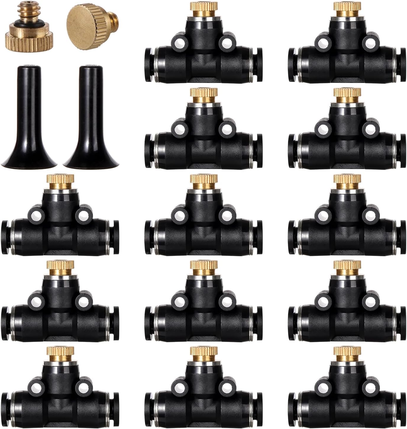 12 Pack Brass Misting Nozzles Outdoor Cooling System with 12 Heavy Duty Misting Nozzle,12 Tees,2 Brass Plugs,2 Black Plugs for Outdoor Cooling system