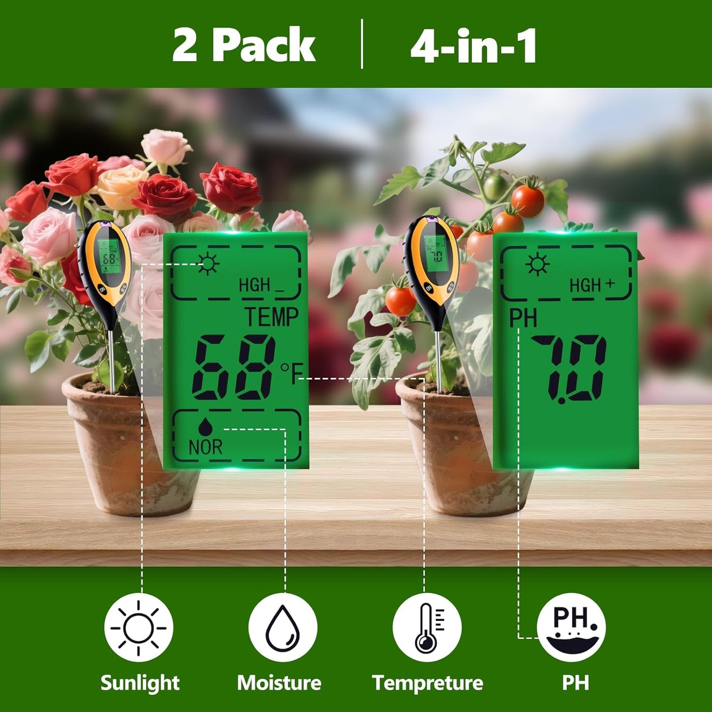 2 Pack 4-in-1 Soil pH Tester Digital, Soil pH/Water/Sunlight/Temp Moisture Meter for Indoor/Outdoor Plants, Backlight LCD Display Soil Thermometer Test Kit for Garden Nutrients