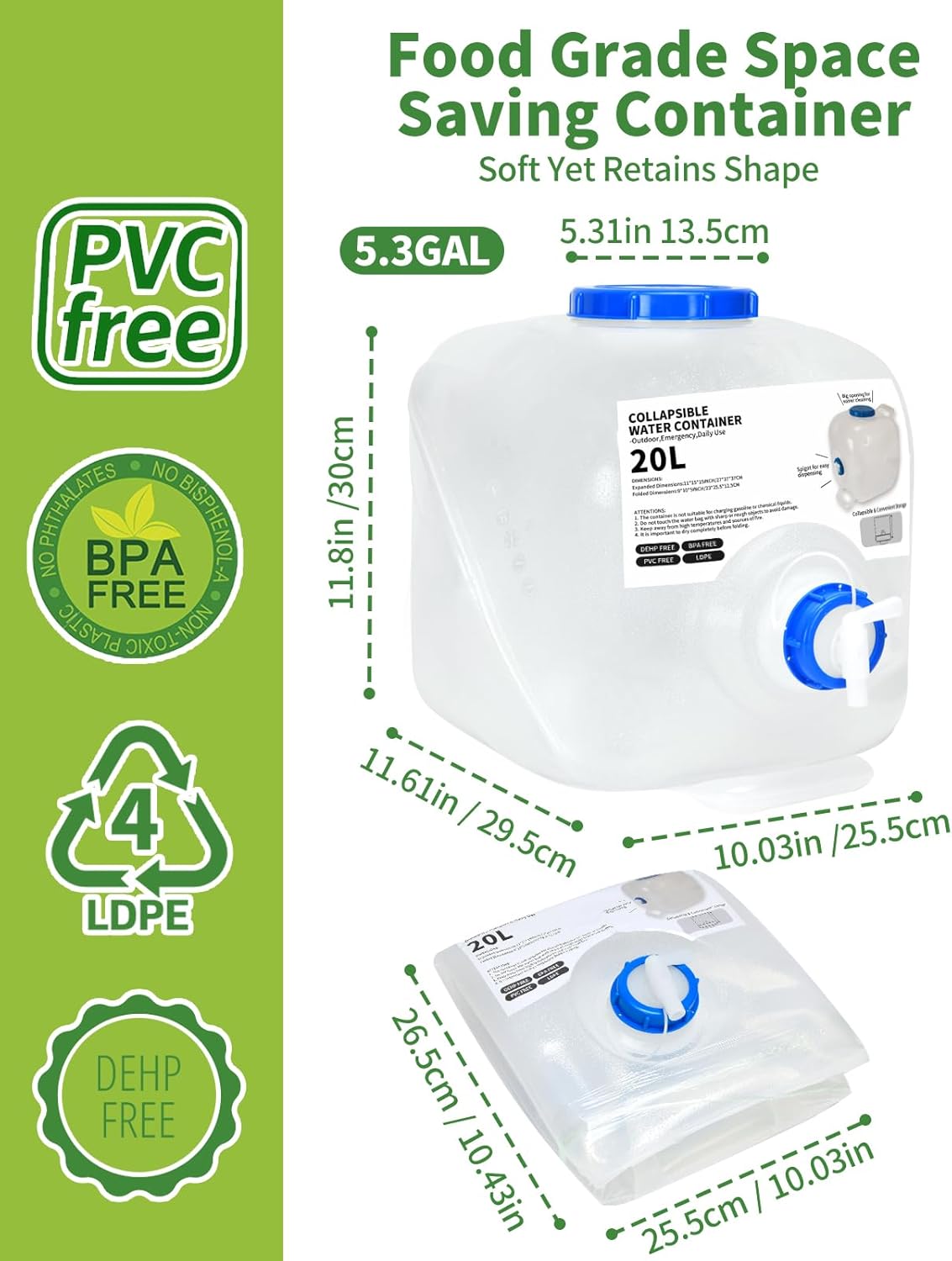 2 Pack 5.3 Gallon Collapsible Water Container Camping Water Container with Spigot,Portable Collapsible Water Jug Water Storage Containers for Outdoors Traveling Emergency,1 Extra Spigot Provided