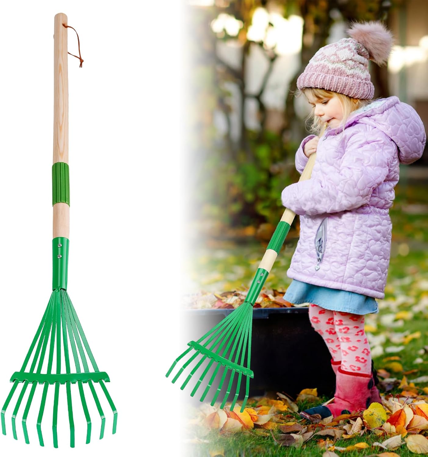 Kids Friendly Rakes for Leaves - 28" Child Size Small Rake with Durable Metal Head & Hardwood Handle, Real Lawn Garden Yard Tools for 3+ Years Kids Enjoy Helping Work Gifts (Green)