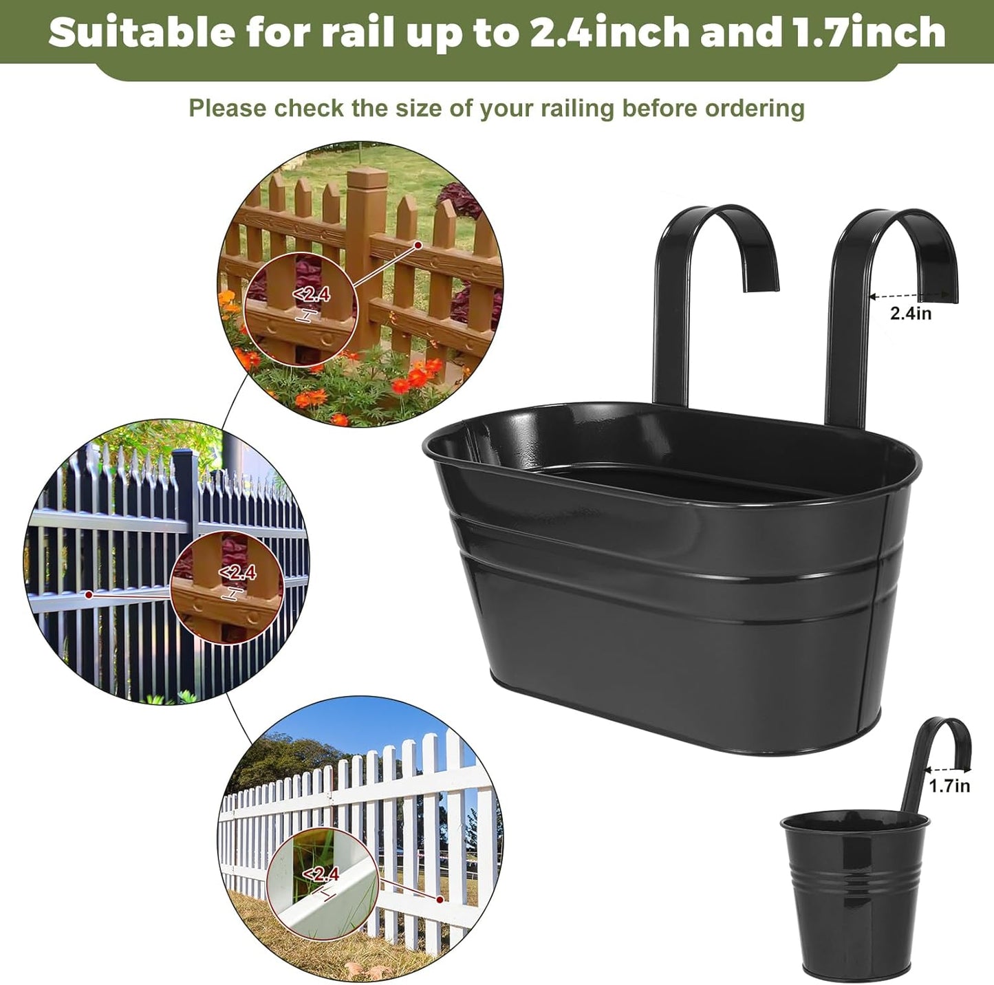 3 Different Size Metal Iron Hanging Flower Pots 10 Pcs for Outdoor Plants Metal Hanging Bucket Pots Iron Railing Fence Planter with Drainage Holes and Hooks for Porch Railing Balcony Fence (Black)