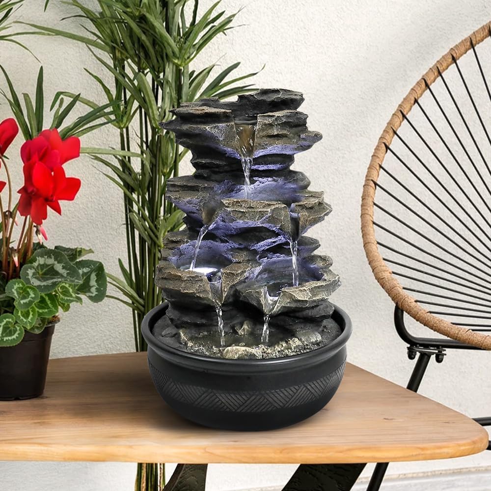 15.7” High Rock Falls Tabletop Water Fountain with LED Lights - Indoor 5-Tier Cascading Fountain for Home and Office Decor (Gray_3, 15.7" high)