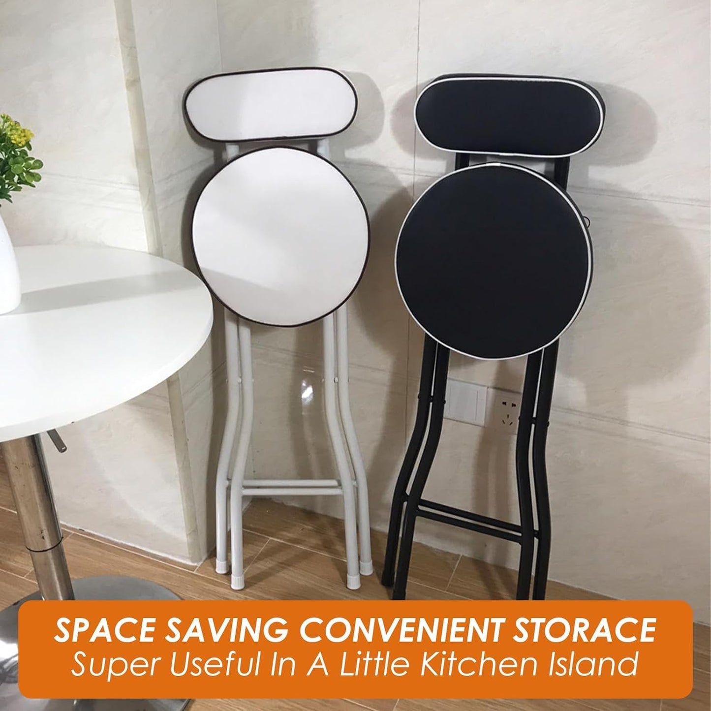 UWEAR Folding Bar Stool with Back,Tall Foldable Stool Leather Padded Portable Stools Counter Height Foldable Stools Chairs,Collapsible Stool for Adults Kitchen Island Guitar Barstools(2 PCS White)