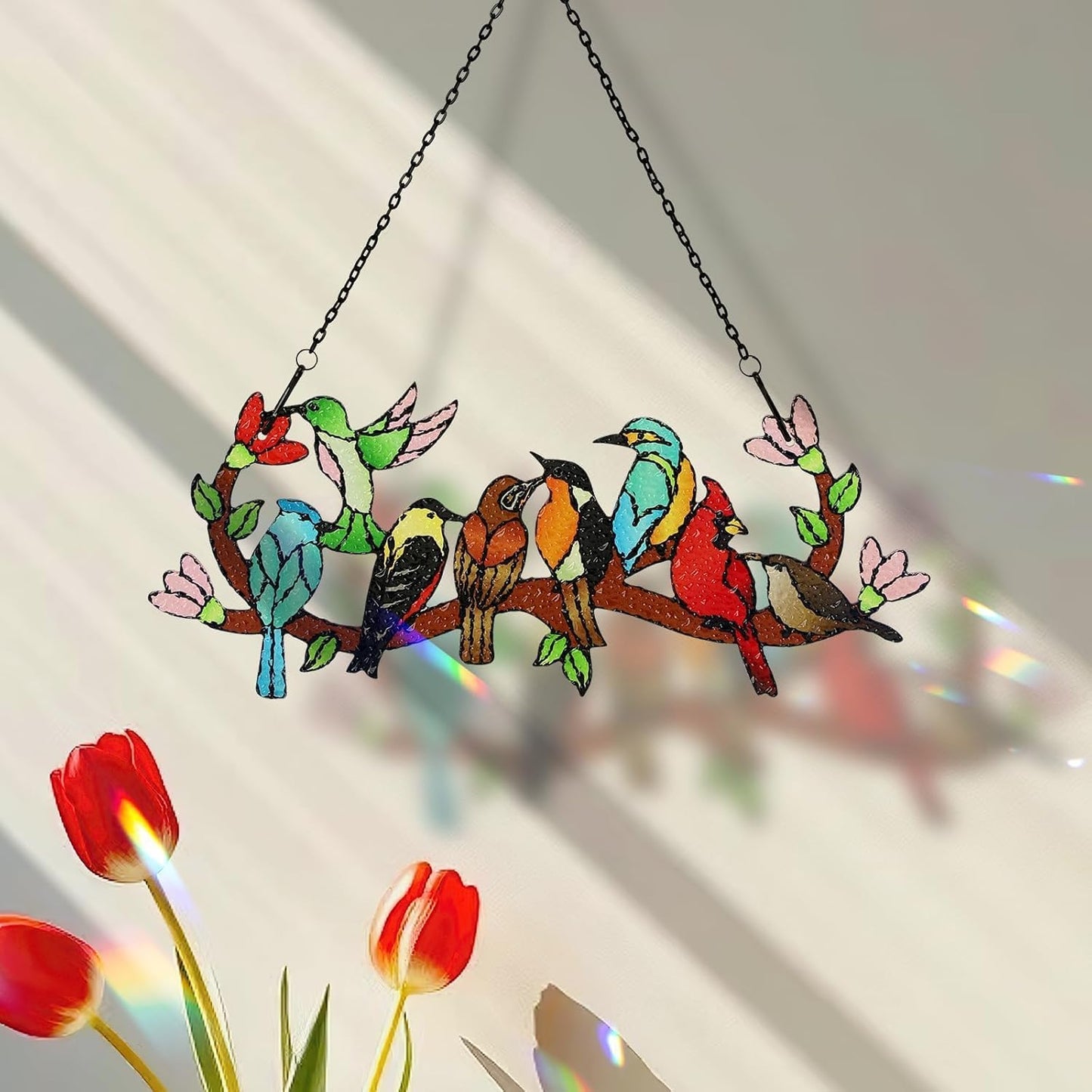 Huray Rayho Birds On Branch Stained Glass Suncatcher Cardinal Hummingbird Kingfisher Double Side Glass Panel Window Hanging Decor Bird Ornament Bird Lover Gift for Mom Grandma