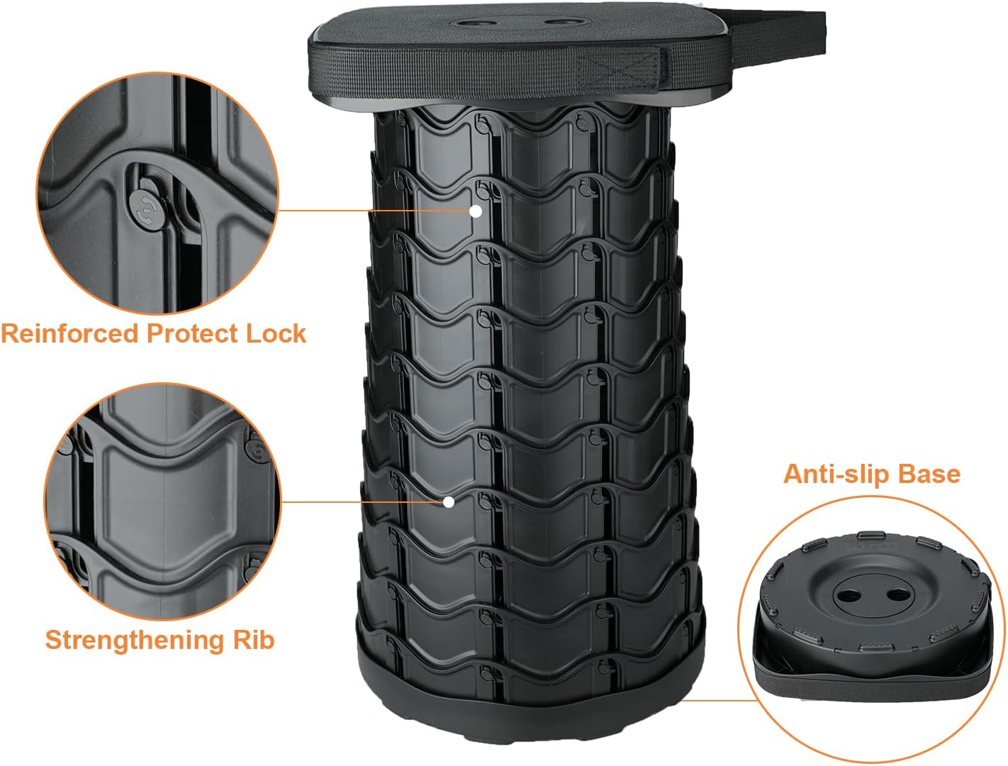 Boreeman Upgraded Collapsible Stool, Square Portable Stool, Lightweight Yet More Sturdy with Load Capacity 400lbs, Perfect for Camping Fishing Hiking BBQ (Square Black)