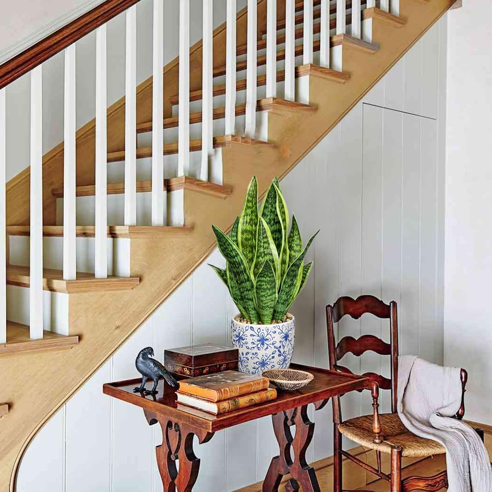 Hollyone Artificial Snake Plant Potted Faux Sansevieria Trifasciata Plants, 15.7" Tropical Fake Plants in Blue and White Porcelain Pots for Home Office Room Indoor Decor Housewarming Gifts