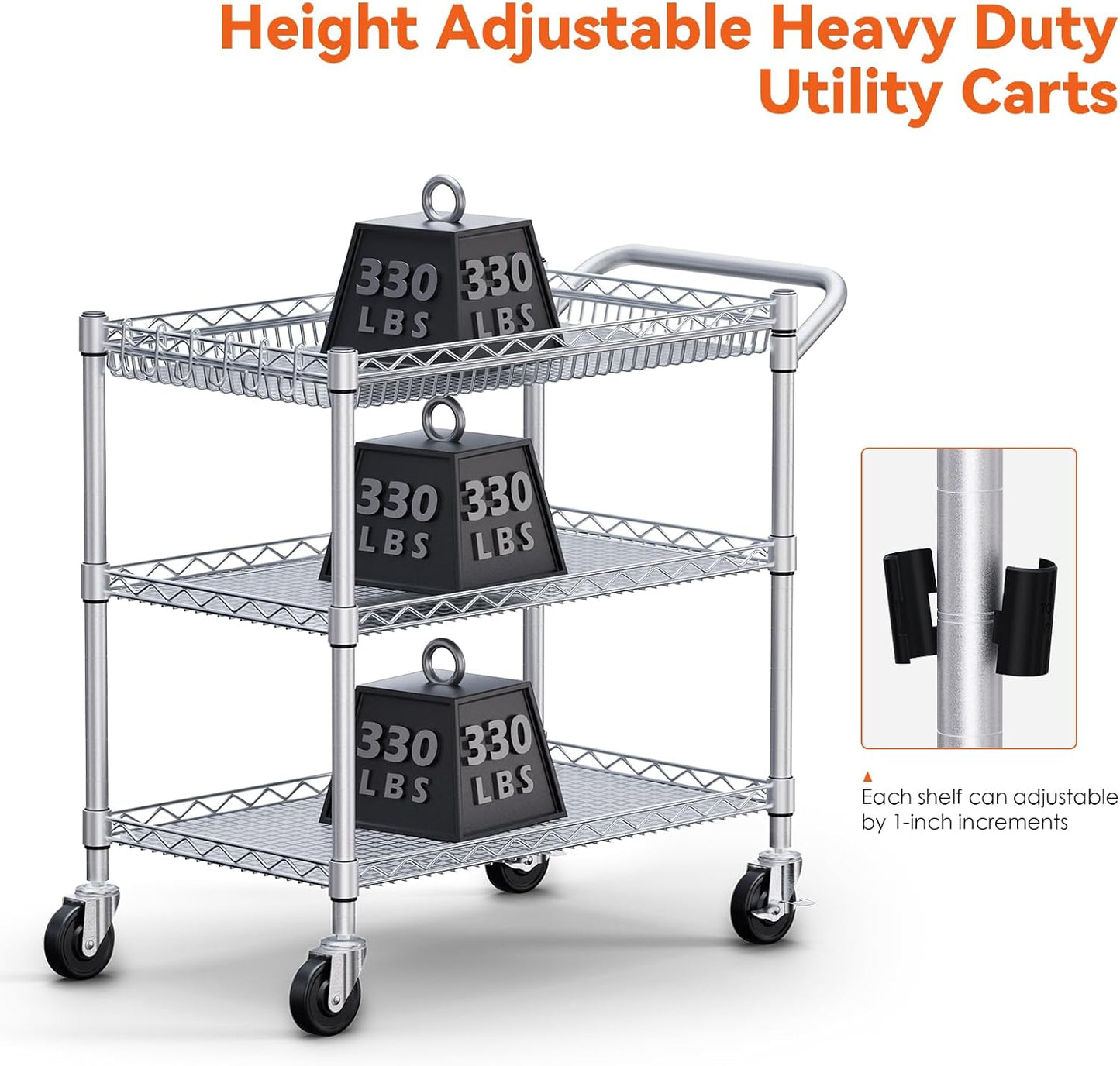 WDT 990Lbs Capacity Heavy Duty Rolling Utility Cart, NSF Rolling Carts with Wheels,Commercial Grade Metal Cart with Handle Bar & Shelf Liner,Trolley Serving Cart for Kitchen,Restaurant,Silver
