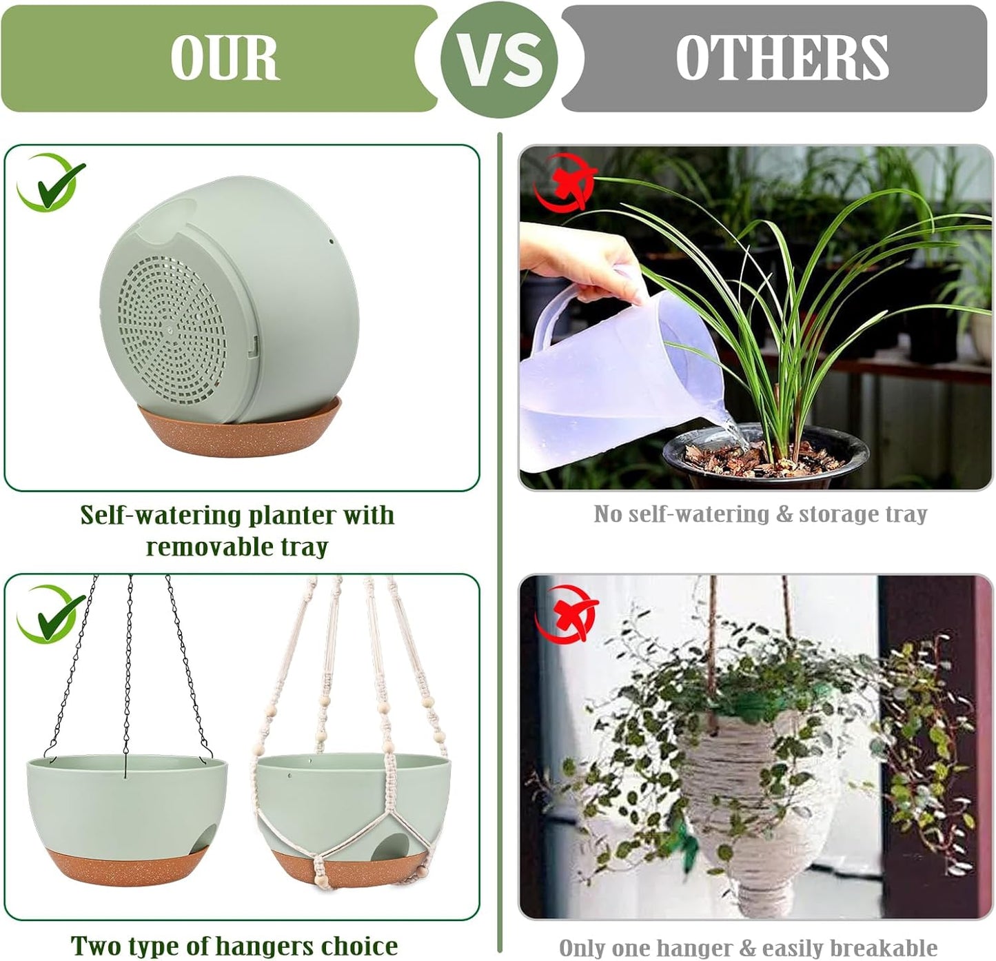 Hanging Planters for Outdoor Indoor Plants, 2 Pack 12 Inch Hanging Basket Plants Outdoor, Self Watering Hanging Planter with Plant Hanger for Garden Home Decoration (Green)