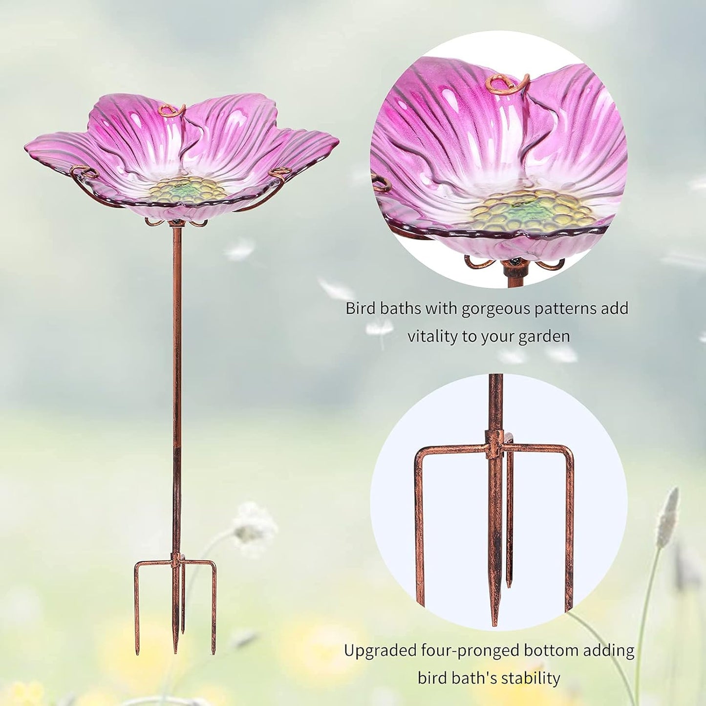 Outdoor Bird Bath Glass Birdbath Garden Birdfeeder with Metal Stake Pink(Height:26inch)