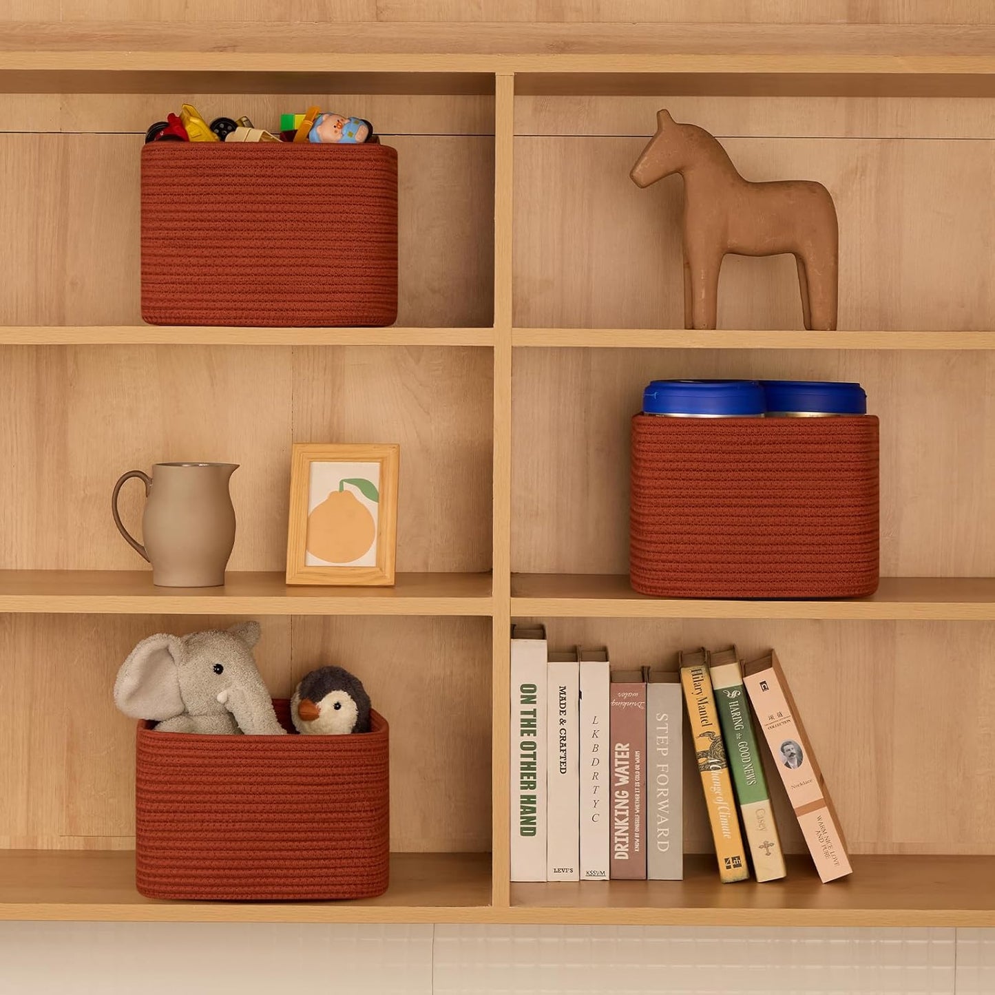 Small Organizing Baskets for Cubes Shelf, 9.7x9.7x7.1 Inch Rope Woven Storage Bins for Nursery Shelves Storage, Cute Toy Basket, Square 3 Packs Oxide Red