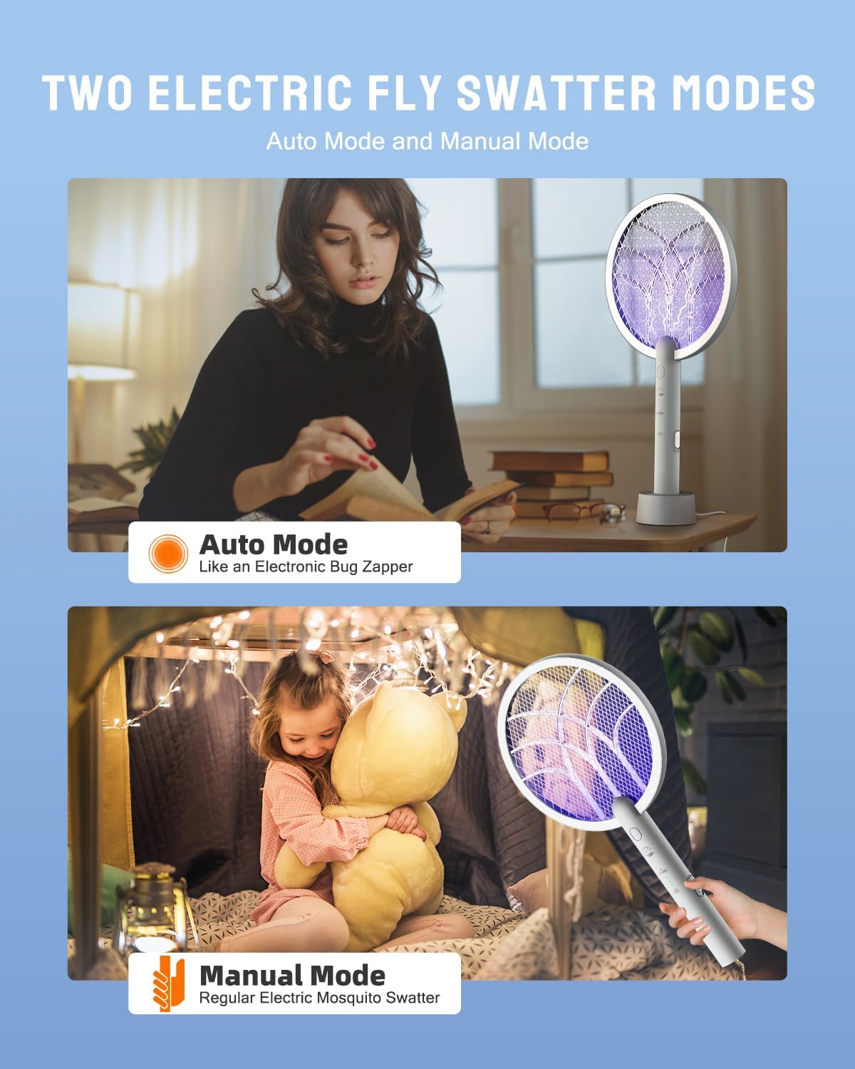 Electric Fly Swatter Racket, Mosiller 2 in 1 Bug Zapper with Type-C Rechargeable Base, 4000V Mosquito Killer with 3-Layer Safety Mesh for Pest Insect Control for Indoor、Office、Camping(Grey-1 Pack)