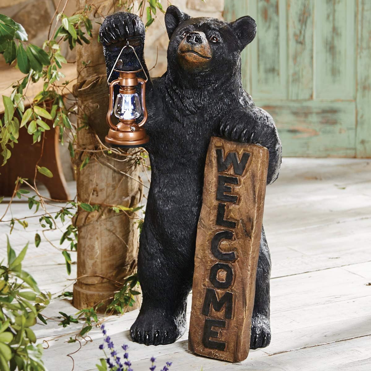 Black Forest Décor - Welcome Bear Solar Lantern - Outdoor Patio & Garden Décor with Solar Light, 18" W x 16" D x 33" H