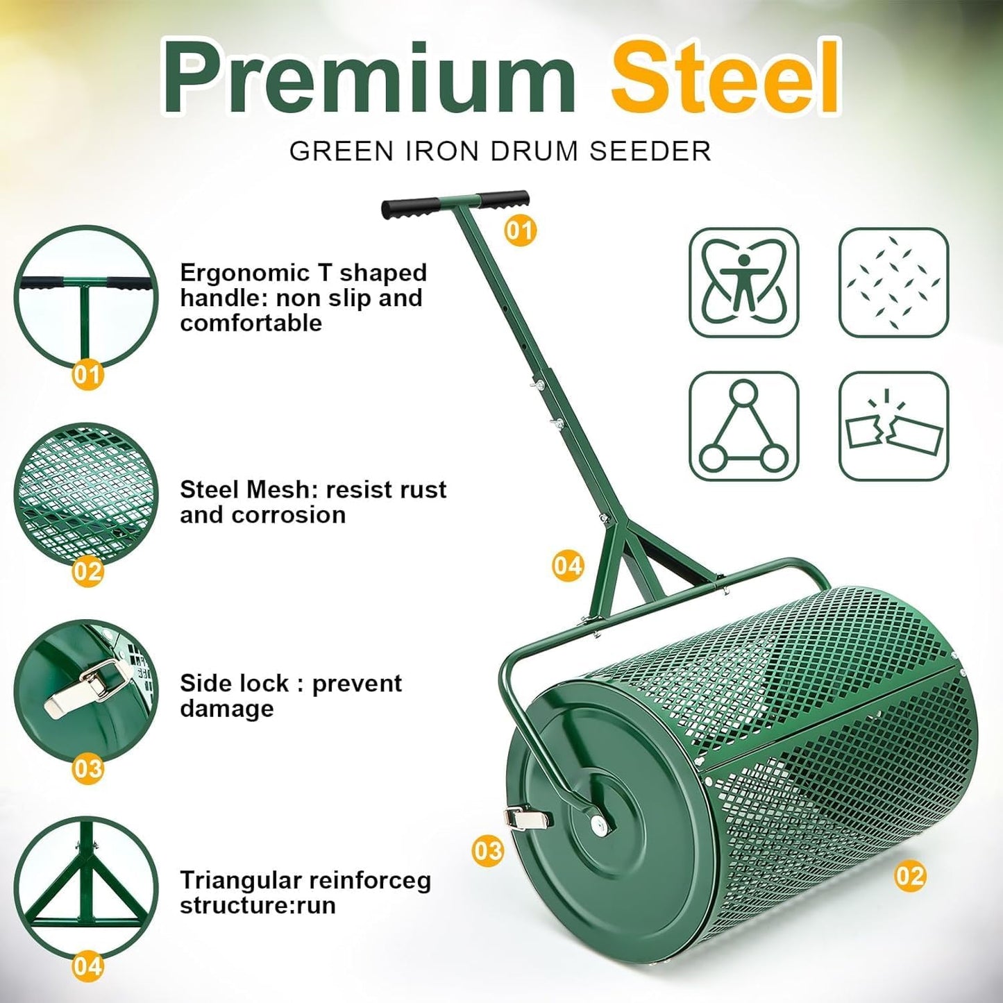 Compost Spreader, Durable Lawn Roller, Manure Spreader with Upgrade T Shaped Handle,Top Soil Spreader for Lawn and Garden Care Manure Spreaders Roller (12.5 Inch-T-Green-S)