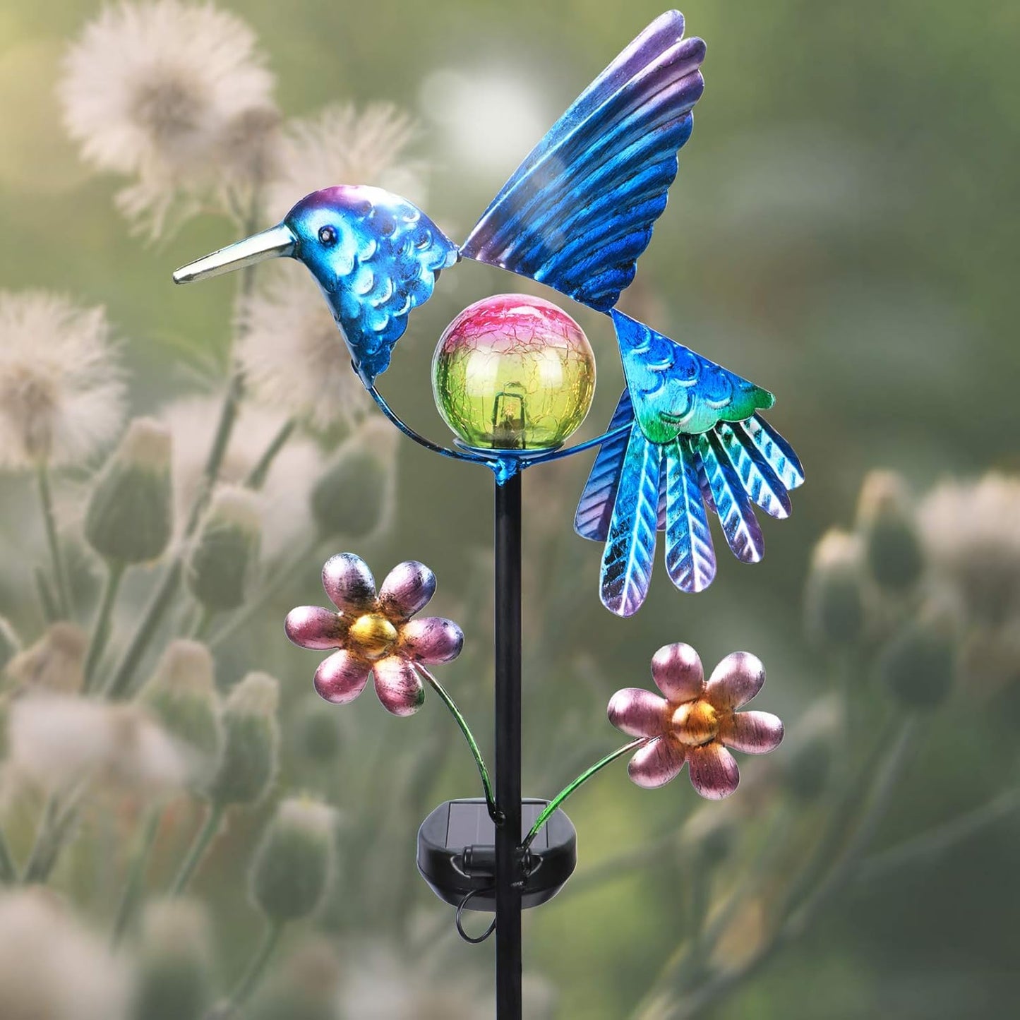 Afirst Solar Garden Stake Lights - Outdoor Waterproof Decorative Solar Hummingbird LED Warm Crackled Glass Globe Lights for Walkway, Pathway, Yard, Lawn