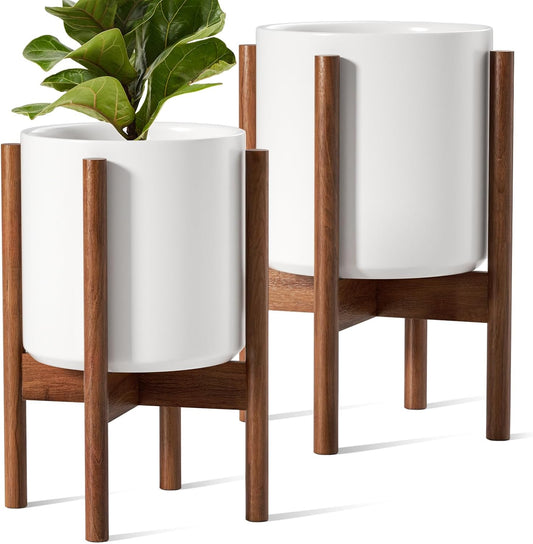 LE TAUCI Indoor Planter with Stand, 10 + 8 Inch, Set of 2, Ceramic Pot for Indoor Plants with Acacia Wood Holder, Mid-Century Modern Home Decor, Round Flower Pots with Drainage Hole, White