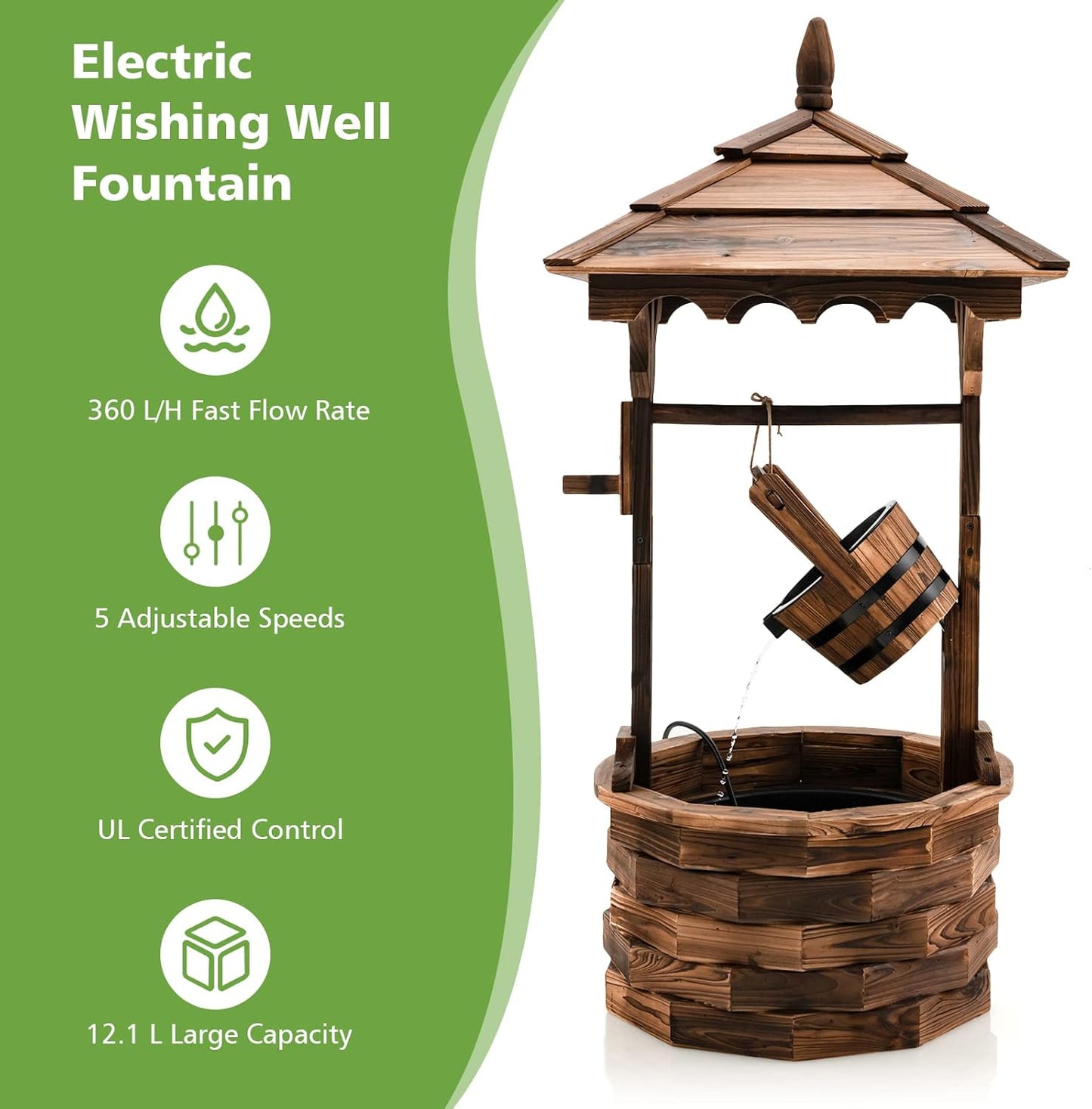 Giantex Rustic Wishing Well Fountain, Outdoor Wooden Water Fountain with Electric Pump, 5 Adjustable Water Flow Rates, Water Bucket, Freestanding Decorative Wishing Well for Backyard Patio Garden