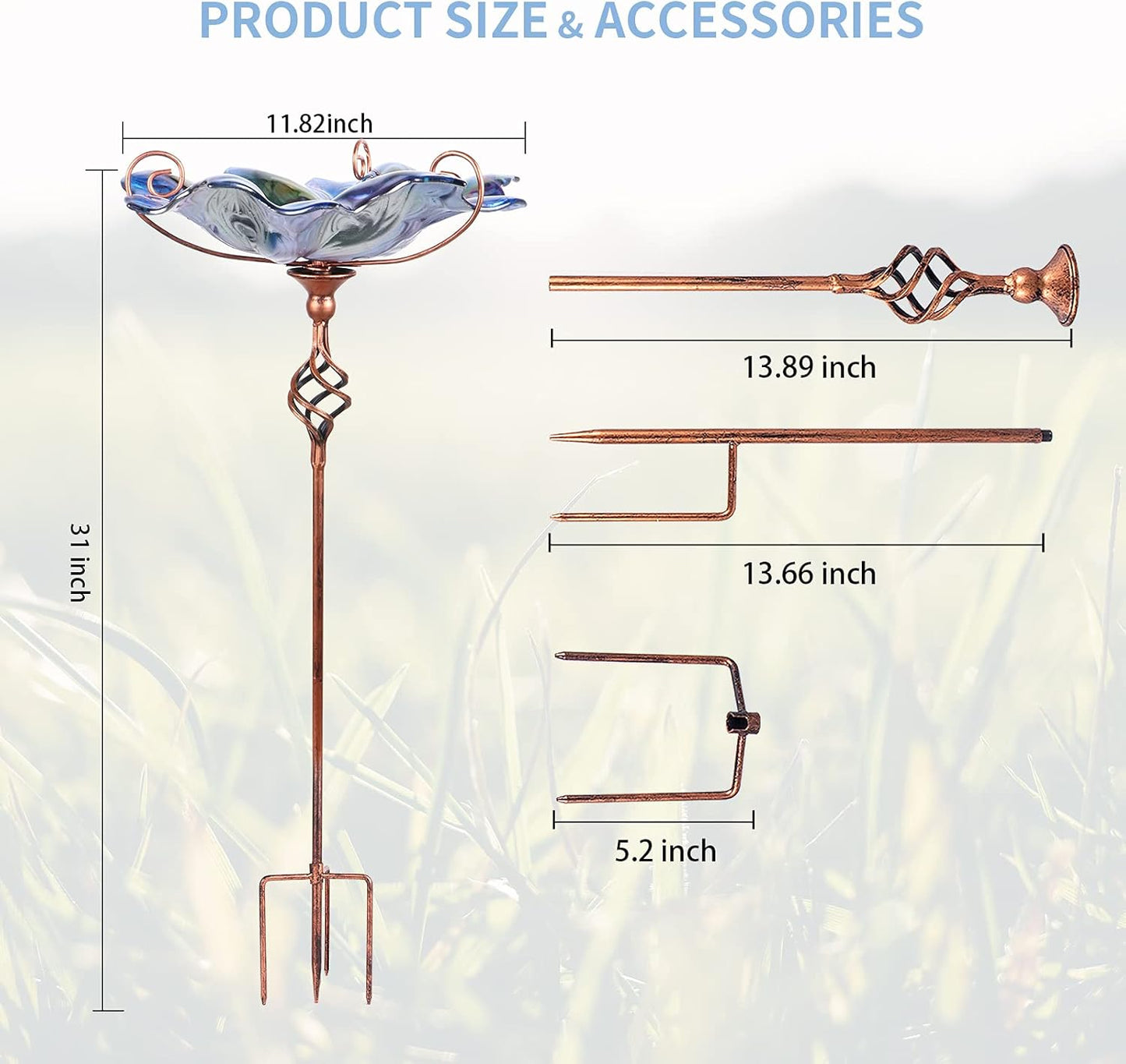 VCUTEKA Glass Bird Bath Outdoor BirdBath Bird Feeder with Metal Stake Garden Decor