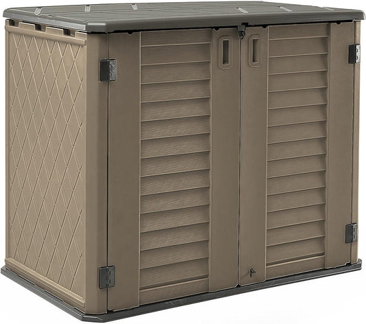 HOMSPARK Storage Shed Weather Resistance, Multi-Purpose Outdoor Storage Cabinet for Backyards and Patios, Horizontal Storage Shed for Lawnmower, Patio Accessories (Coffee, Large - 26 cu.ft)
