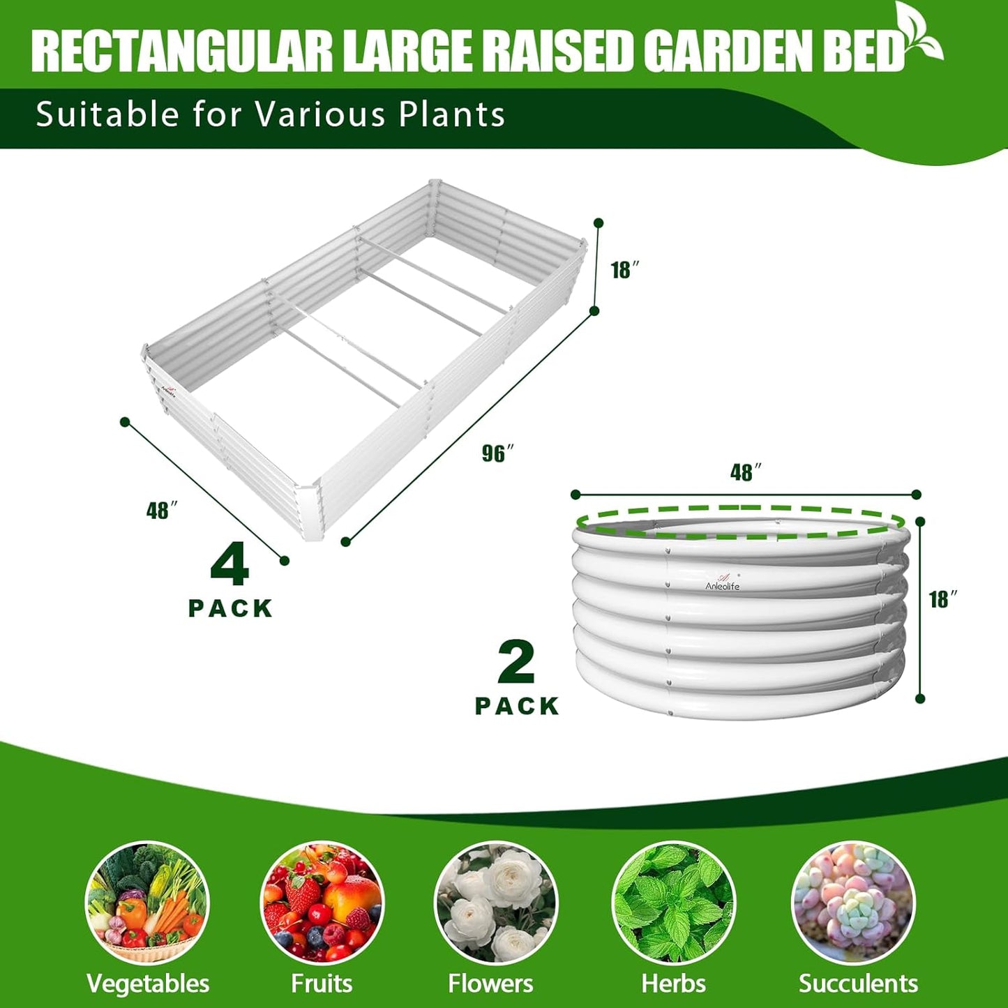 A ANLEOLIFE 6-Pack 4X4X1.5ft & 8X4X1.5ft Deep Root Galvanized Raised Garden Beds Outdoor for Planting Vegetables Flowers Herb,Antique White