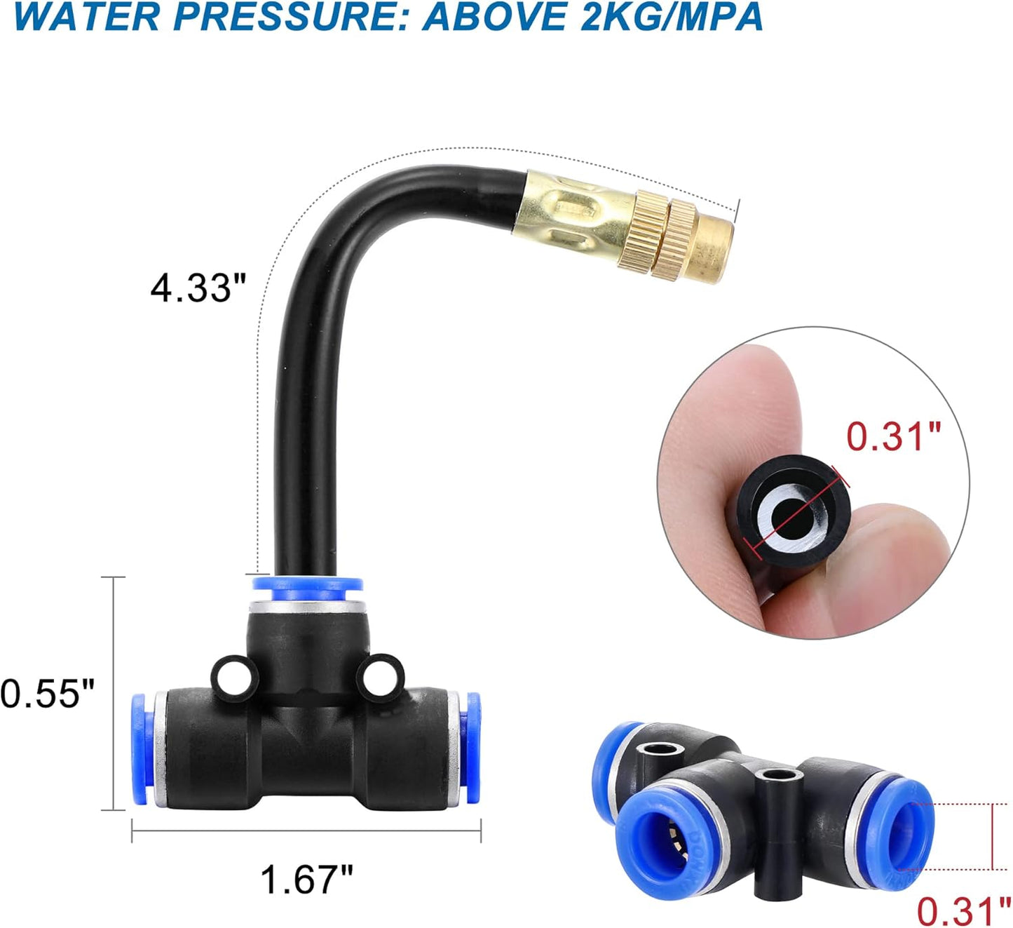 Mornajina 5Packs Brass Misting Nozzles Tee with 4inch Built in Hose for Outdoor Cooling System, Adjustable 360° Rotation, Water Mister Nozzles Thread Sprayer 0.043" (1.1 mm)