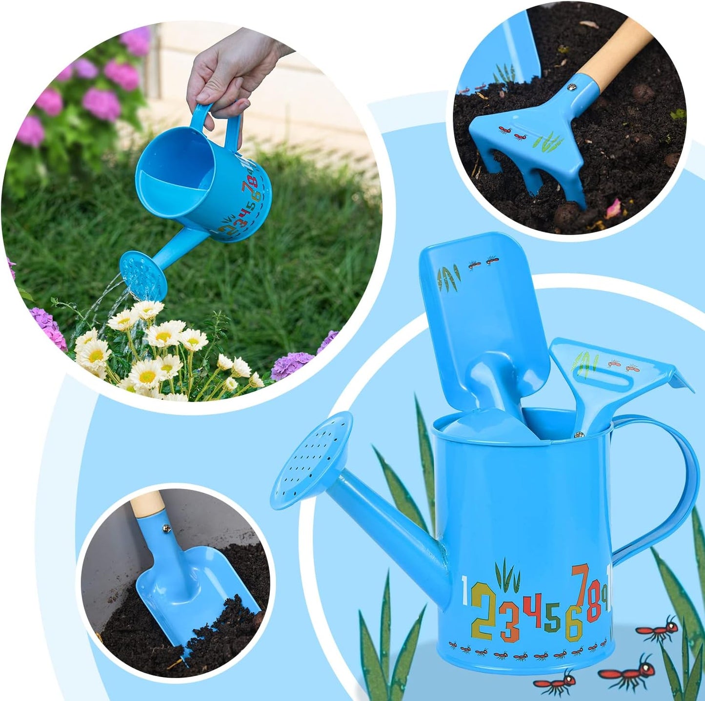 Sungmor Small Watering Can Set Cute Little Gardener Kit | Package Includes 3PC Blue Number Watering Can & Trowel & Rake Gardening Hand Tools | Perfect for Garden,Yard or Beach