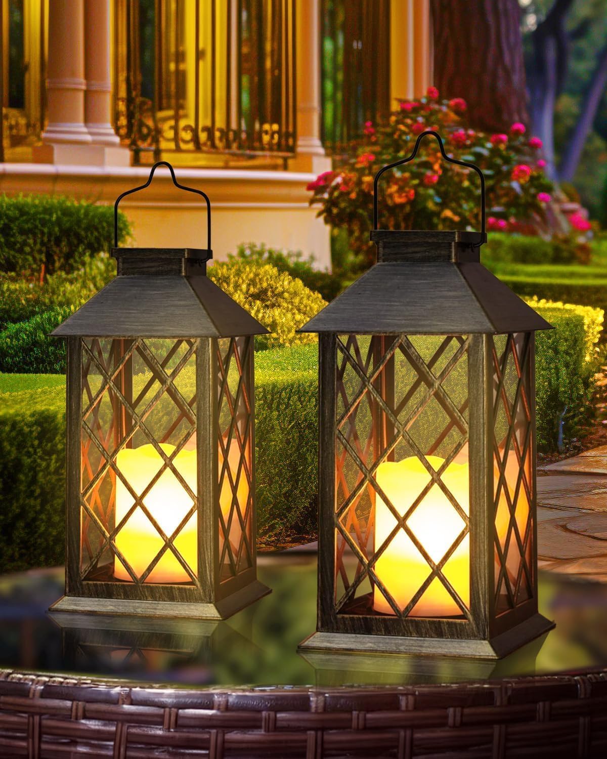 Otdair Solar Lanterns Outdoor Waterproof, 2 Pack 14" Solar Lantern with Glass Retro LED Flickering Flameless Candle,Lanterns Decorative Outdoor for Gift, Yard, Garden, Patio, Balcony,Porch, Party