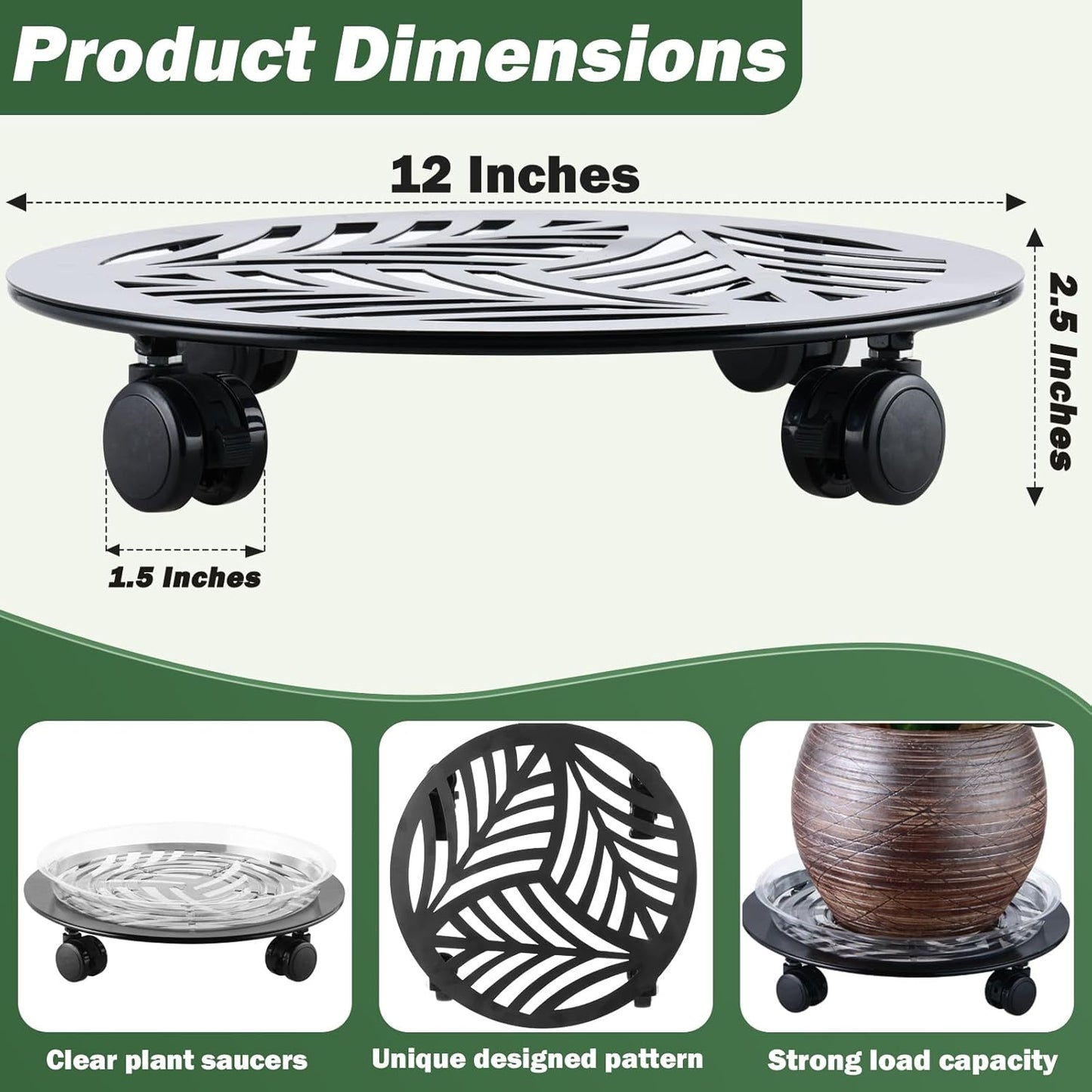 2 Packs Large Metal Plant Caddy with PU Wheels 12" Heavy-Duty Wrought Iron Rolling Plant Stands Indoor Outdoor Wheeled Plant Dolly Planter Mover Rollers Plant, Leaf Style