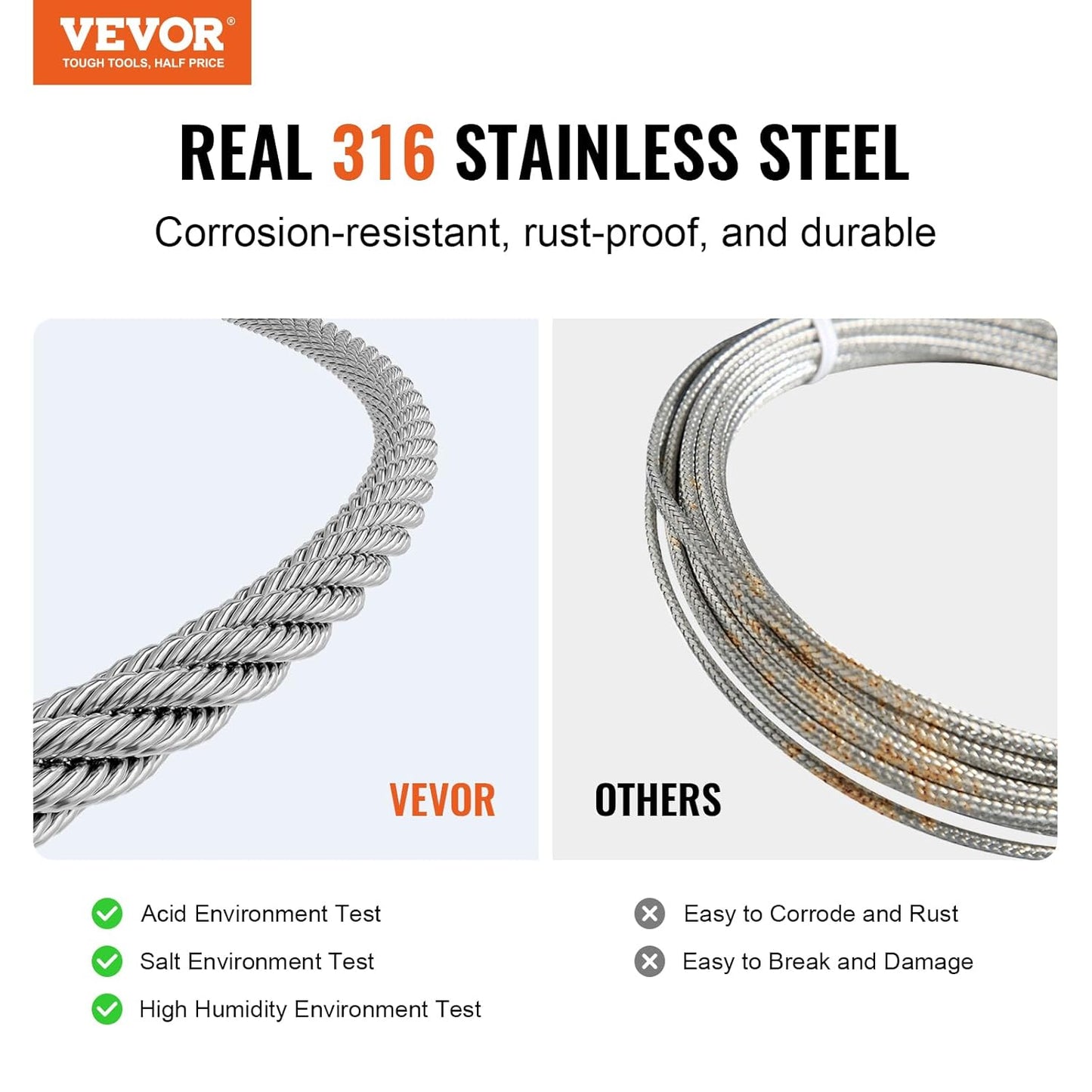 VEVOR 1/8 Stainless Steel Cable Railing Kit, 600 FT 316 Marine Aircraft Cable With Cutter and Gloves, 1600 lbs Breaking Strength, 7x7 Strands for Handrail Stair Decking Fence Outdoors