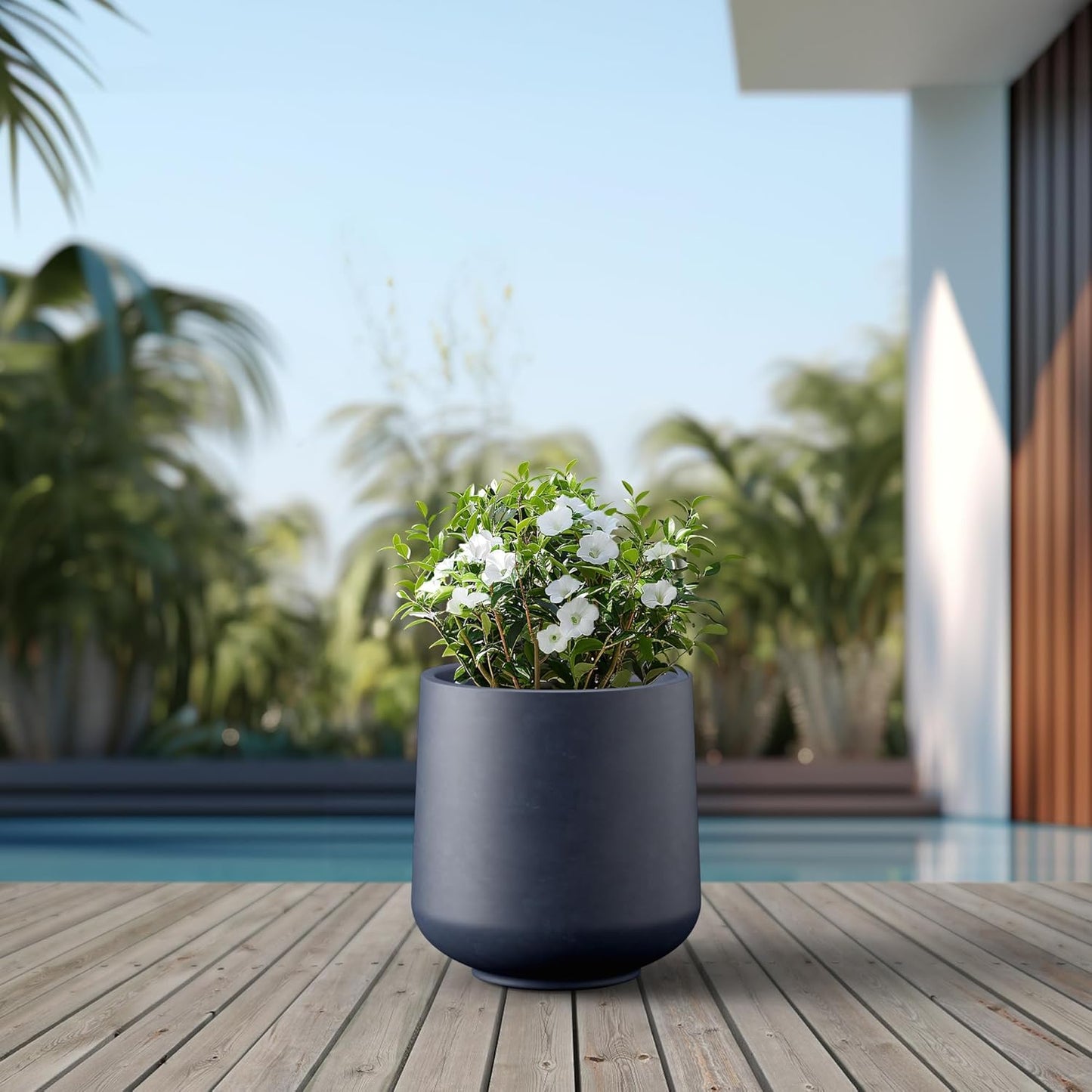 Kante 15.3" Dia Round Concrete Planter, Outdoor Indoor Large Plant Pots Containers with Drainage Hole and Rubber Plug for Home Garden Patio, Dark Gray