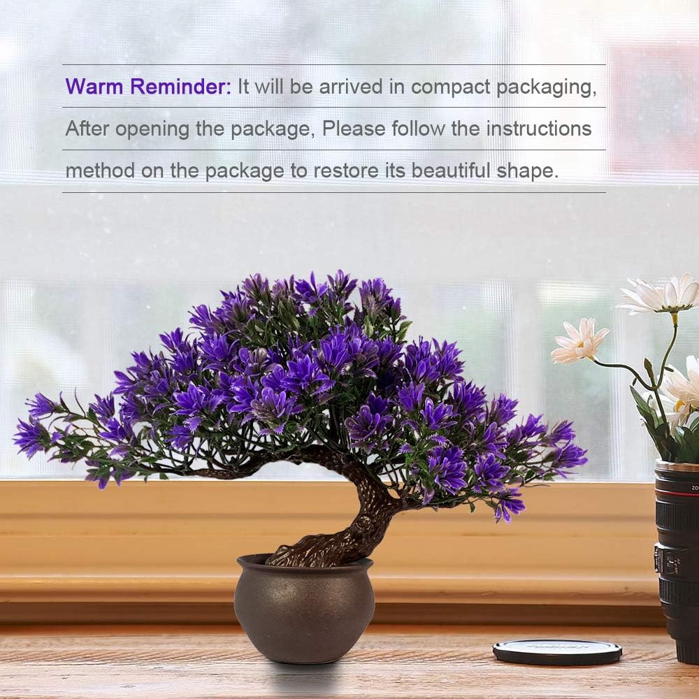 Fake Plants Plastic Artificial Bonsai Tree, Purple Room Decor Bonsai Tree for Home Bedroom Farmhouse Office Desk Decor, Tall 9.5"