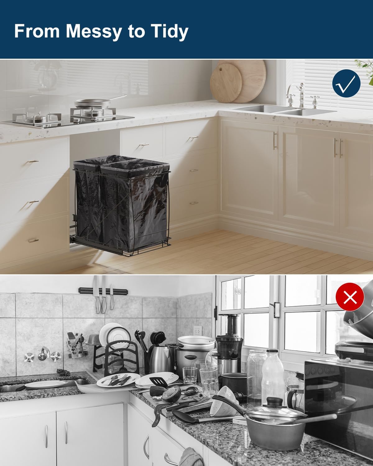 Pull-Out Trash Can for Kitchen Cabinet, Double 13 Gallon Tilt Out Garbage Bins with Soft-Close Slides, Under Sink Stainless Steel Shelf, Easy Installation, Heavy Duty Bags Included (Black)