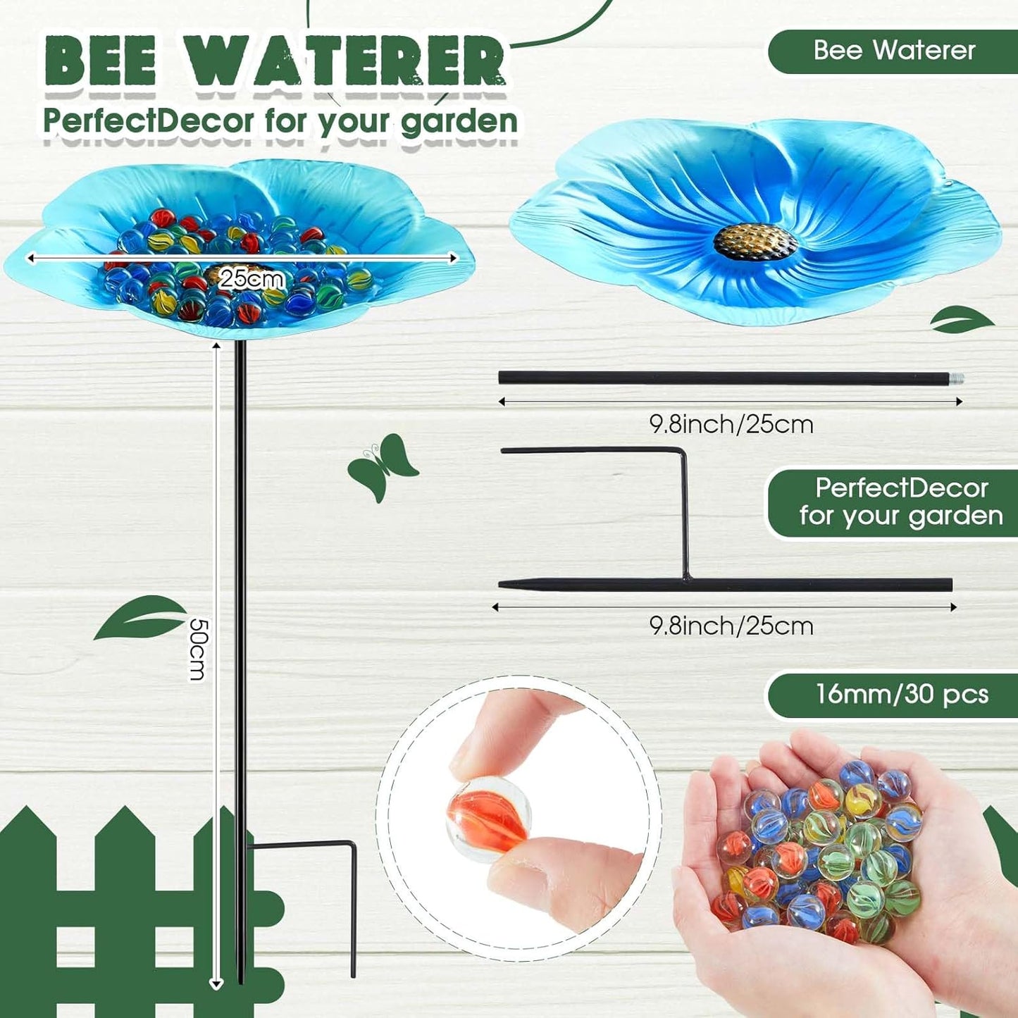 Tandefio Vivid Flower Bee Watering Station Metal Butterfly Water Feeder Cup with 30 Colorful Glass Marbles Bee Feeder Cup Butterfly Bath Bowl for Garden Outdoor Yard Decors(Blue,Flower)