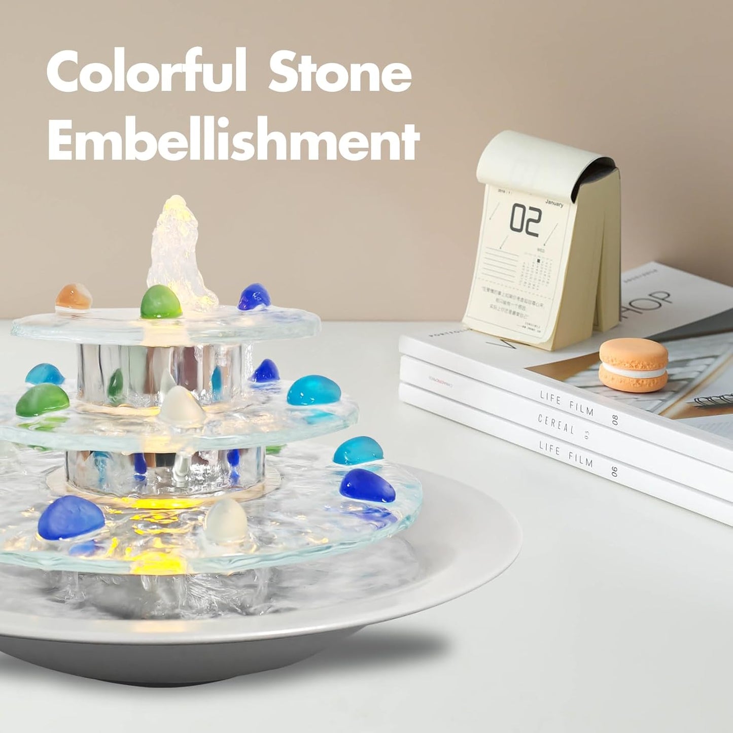 Indoor Tabletop Fountain 3-Tier Waterfall, Zen Meditation Fountains with LED Light, Home Desktop Soothing Sound Meditation Relaxing Water Feature for Office Room Table Decoration