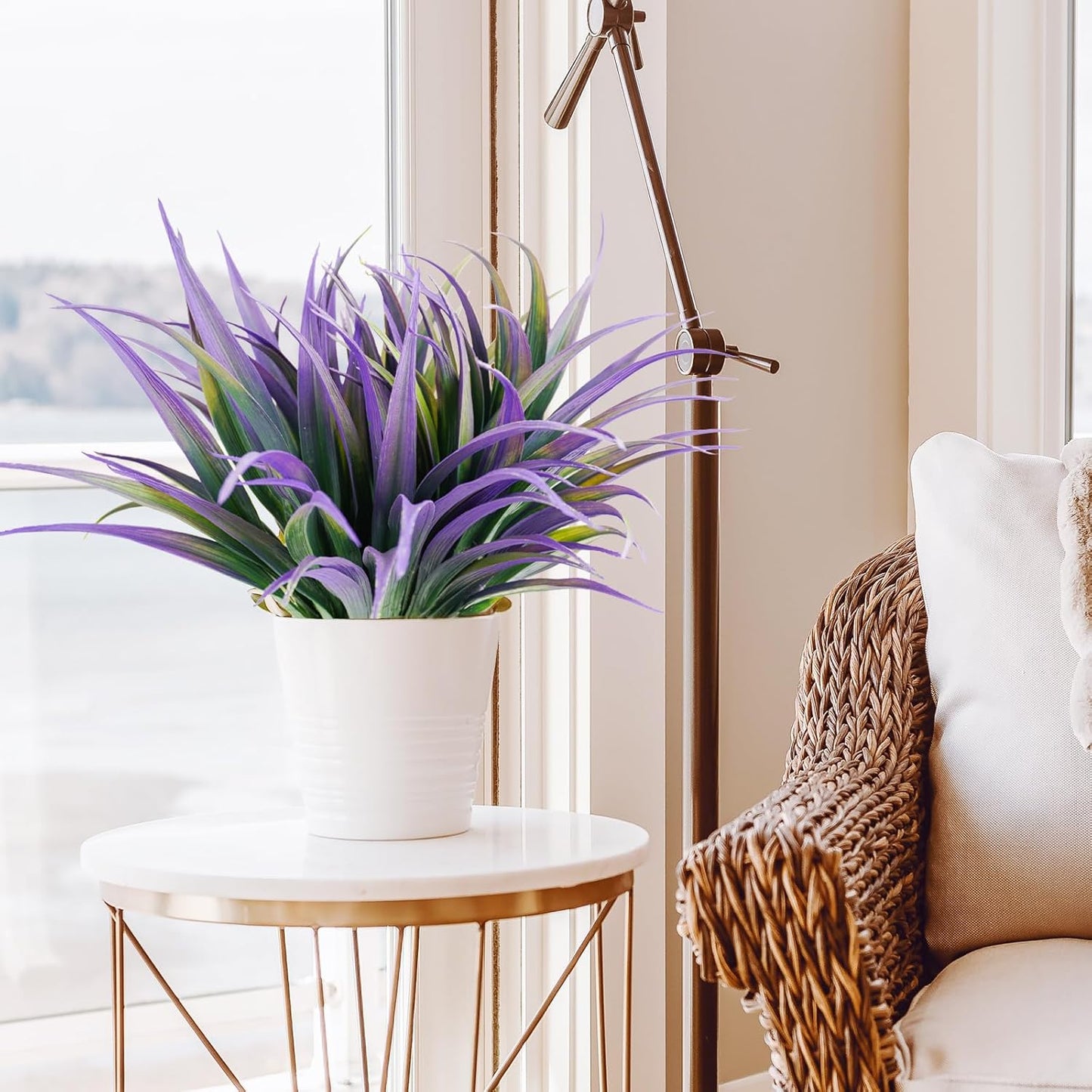 16Pcs Artificial Grass Fake Plants 17.3in Outdoor Plants UV Resistant Faux Greenery Stems Fake Grass for Home Window Garden Office Patio Pathway Front Porch Halloween Décor Green & Purple