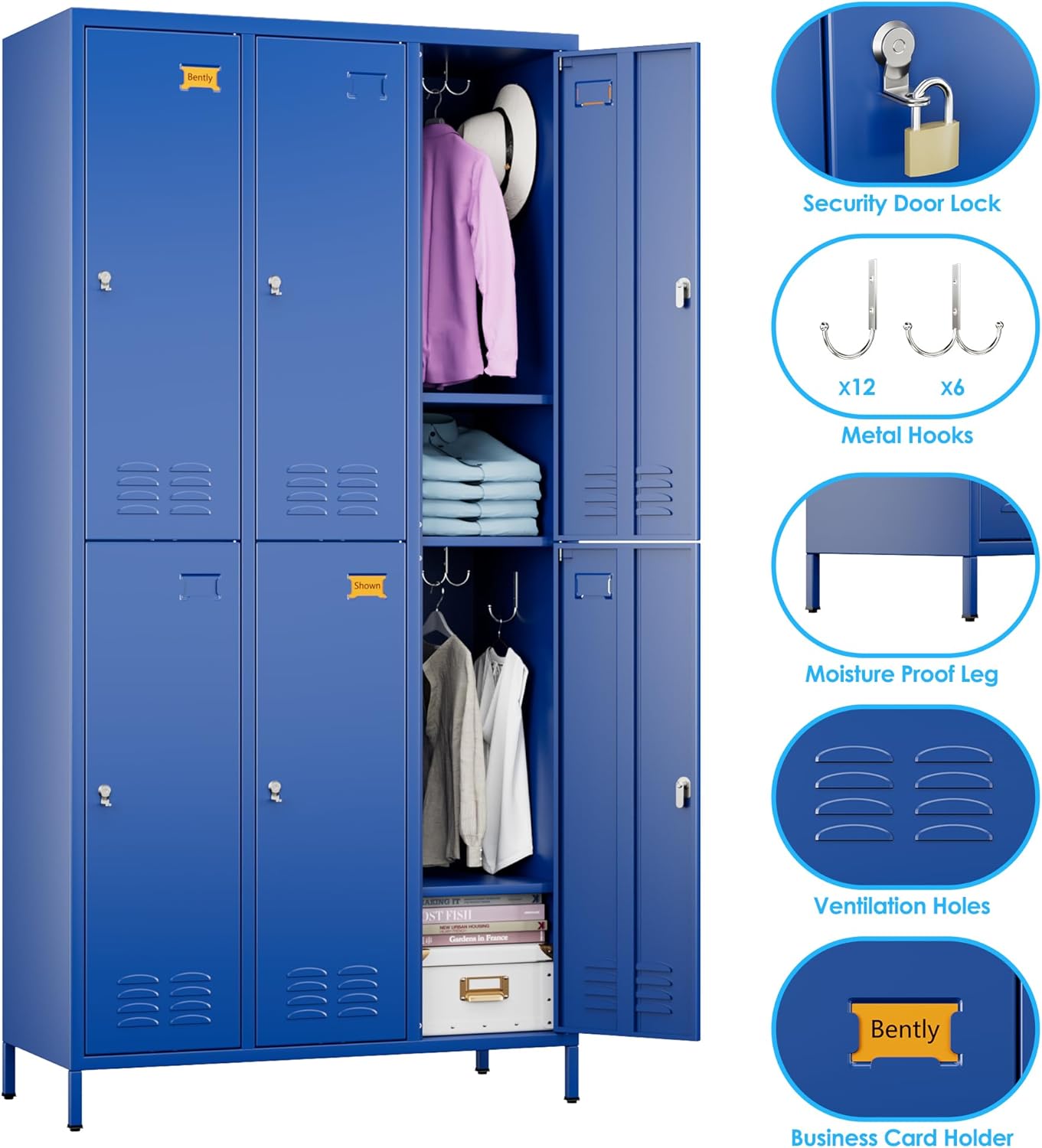 6 Doors Metal Storage Lockers for Employees with 18 Hooks,72" H Employee Lockers with Business Card Holder for Offices School Gyms Home,Assembly Required,Blue