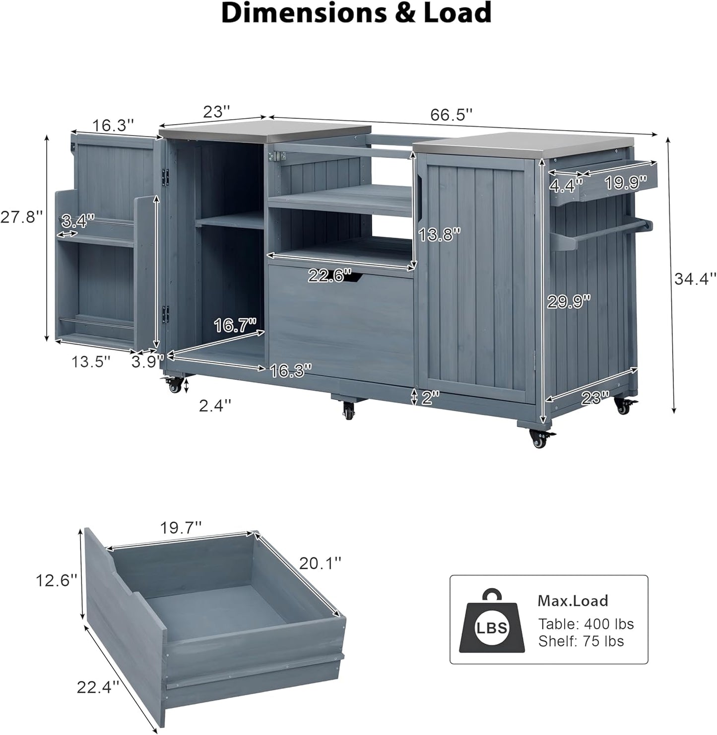 Merax 66.5" Outdoor Grill Table for Big Green Egg, Farmhouse Kitchen Island on Wheels with Stainless Steel Tabletop, Drawer and Spice Rack, Solid Wood Outdoor Storage Cabinet for Backyard, Grey Blue