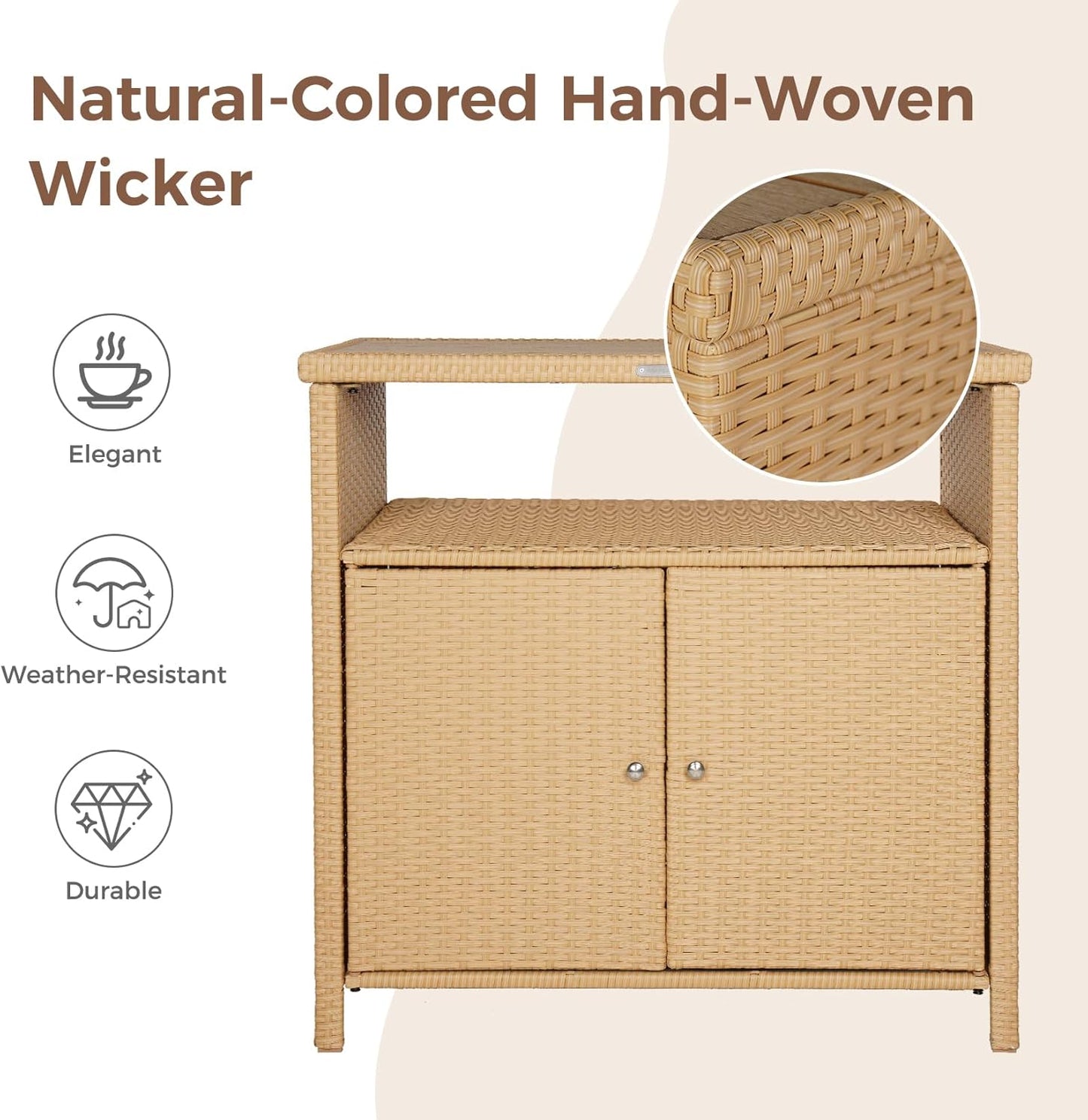 Grand patio Outdoor Storage Cabinet with Walnut Wood Tabletop Weatherproof Wicker Buffet Cabinet 2-Door Wicker Sideboard for Garden Patio Poolside Beige