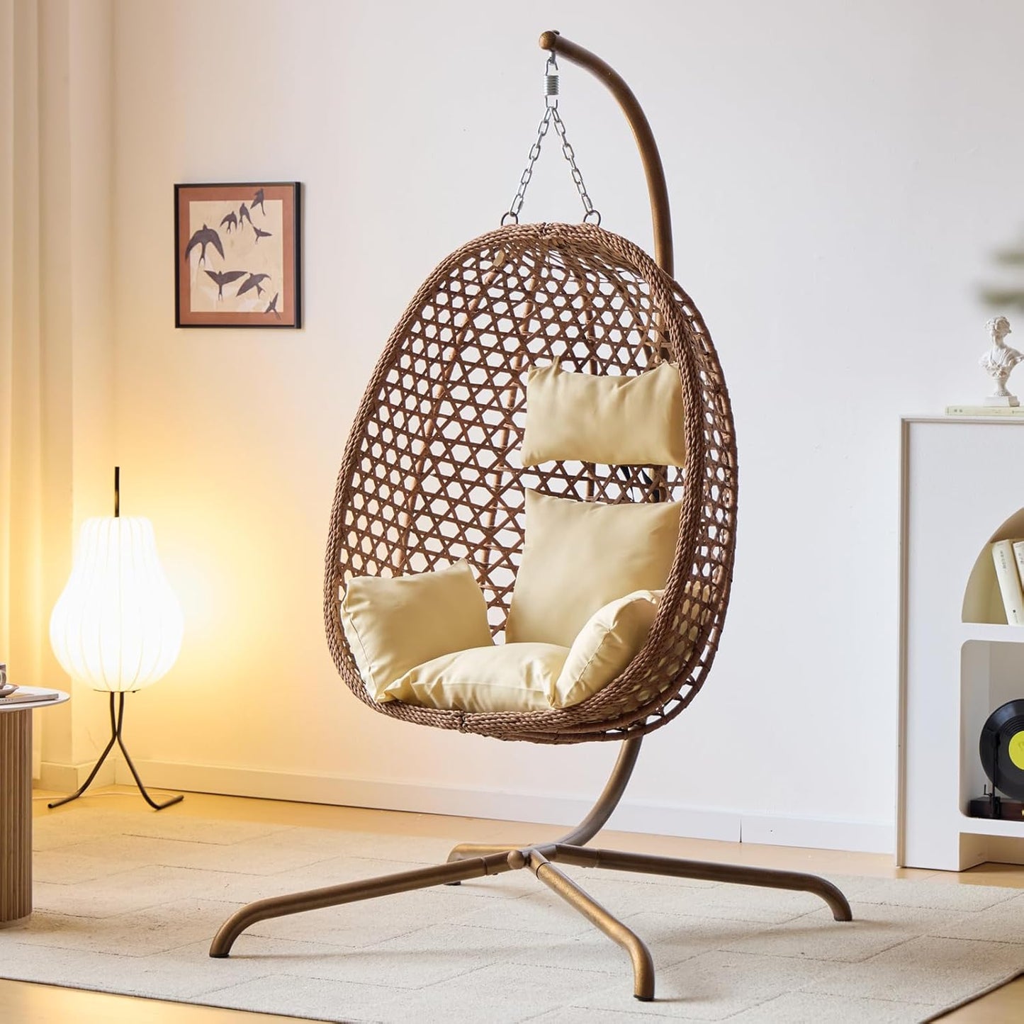 Indoor Hanging Chair with Stand for Bedroom, Hexagon Rattan Wicker Swing Egg Chair for Bedroom Porch Garden Patio Outdoor, Hammock Egg Swing Chair with Cushion,350LBS Capacity (Beige)