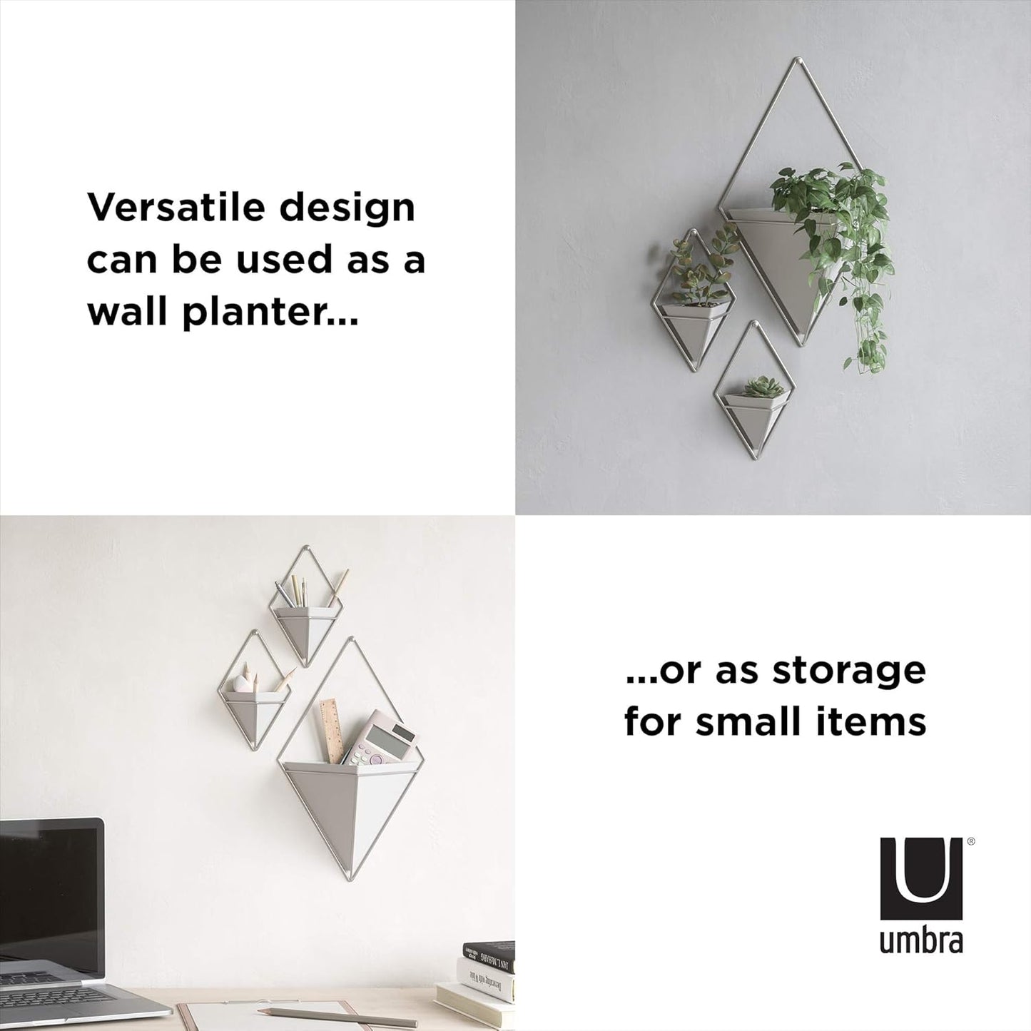 Umbra Trigg Hanging Planter Vase Wall Decor, Pot and Container for Succulents, Cactus, Faux Plants, and More, Large, White/Nickel