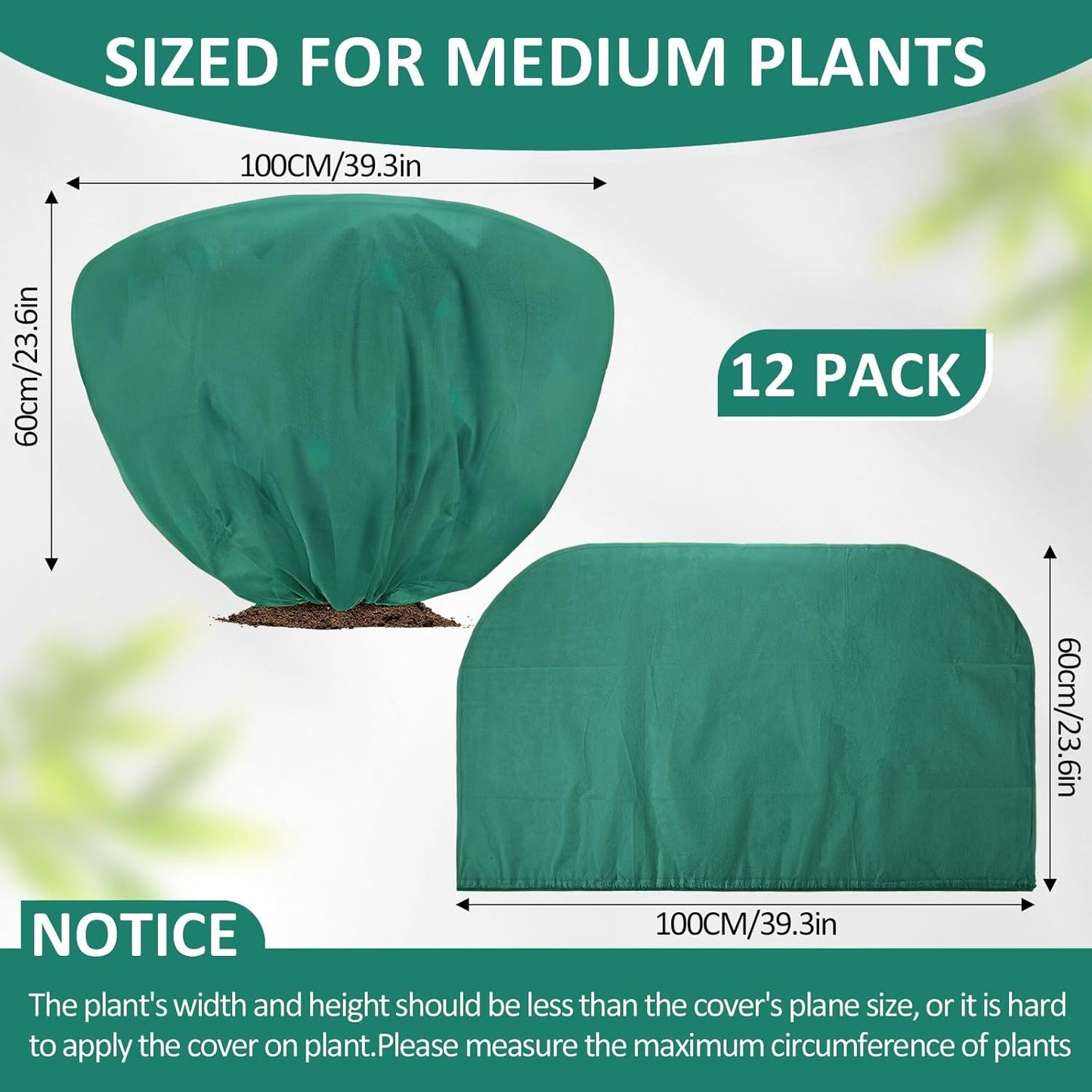 12 Pcs Winter Plant Covers Freeze Protection 39.4x23.6 Inch Horizontal Shrub Tree Rose Plant Protection Bags Frost Blanket with Drawstring for Fall Winter Outdoor Garden Planting (Dark Green)