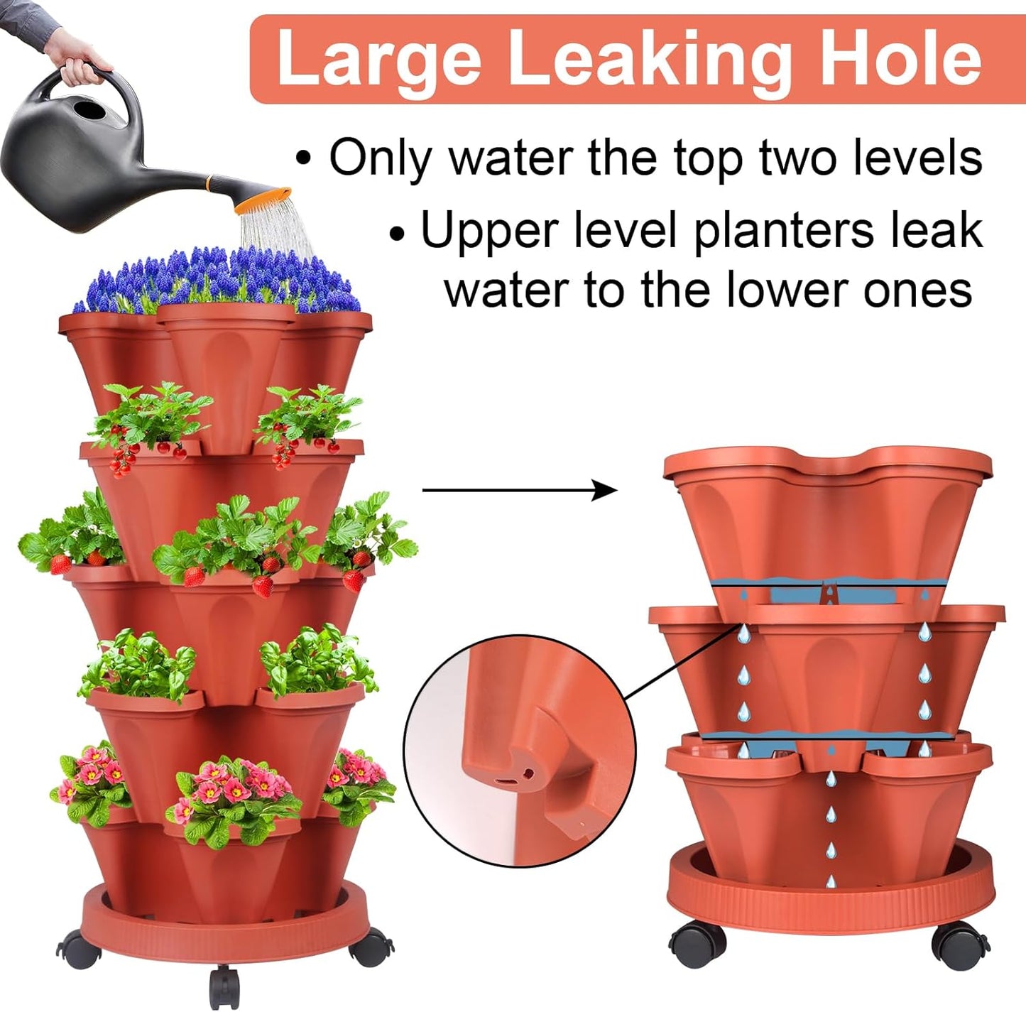 DUNCHATY 5 Tier Plant Pot, Vertical Garden Planter, Strawberry Planter, Indoor/Outdoor Planters, 2 Set, Brick Red, 29 x 13.6 x 13.6 inches