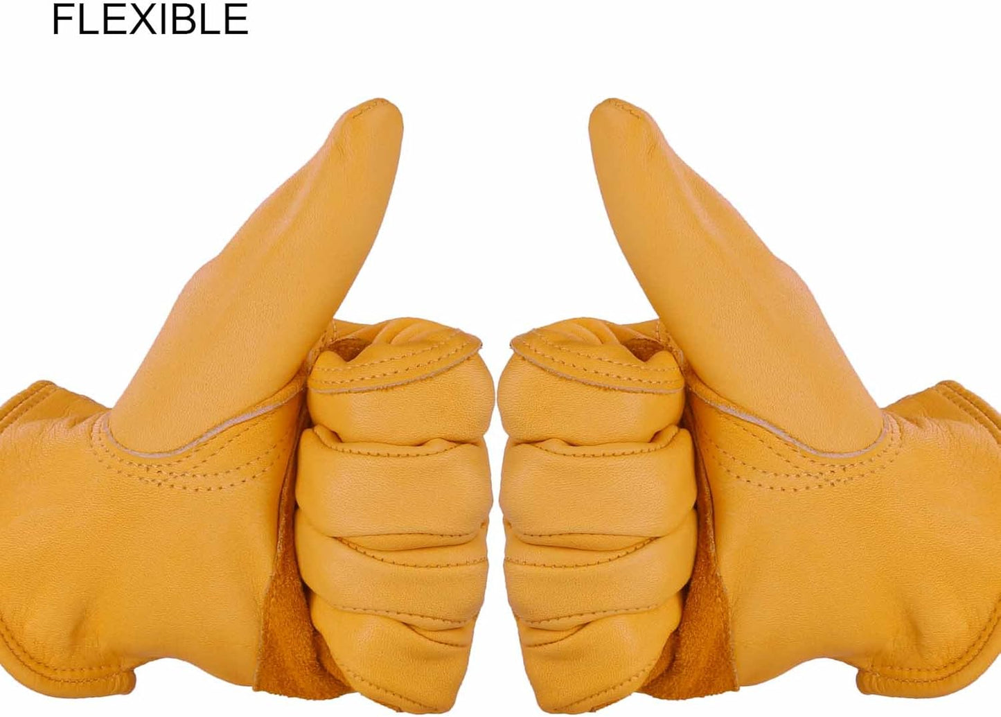 OZERO Leather Work Gloves Flex Grip Stretchable Tough Cowhide Work Gloves 1 Pair (Gold, Medium)