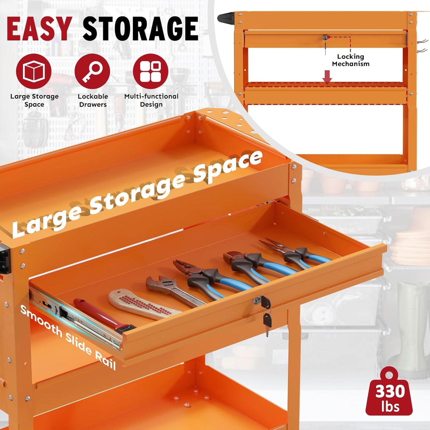 3 Tier Rolling Cart, Heavy Duty Utility Industrial Service Carts on Wheels, Metal Tool Cart with Locked Drawers, Ideal for Garage, Warehouse and Repair Shop（Orange）