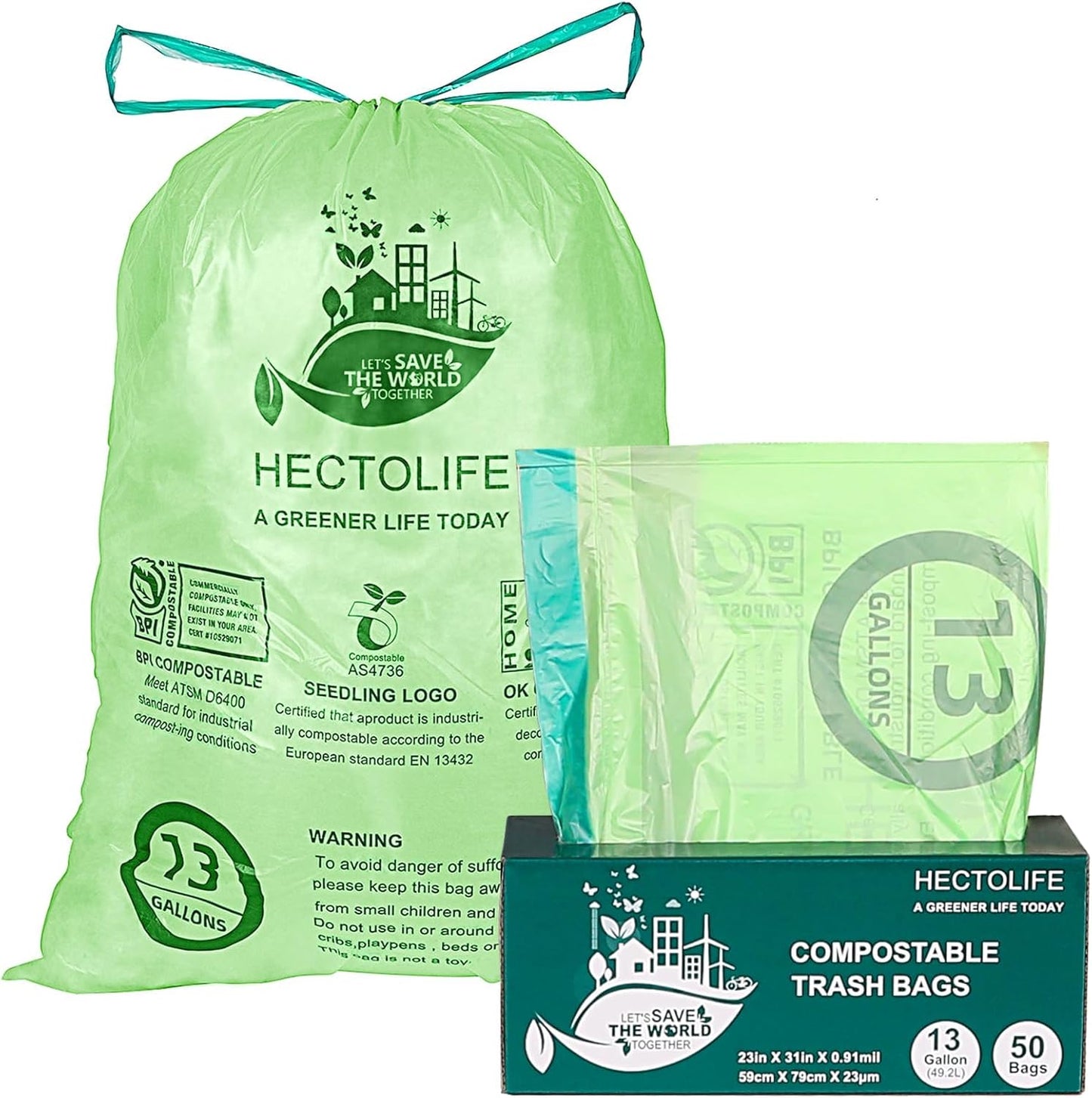 13 Gallon,50 Count, Compostable Trash Bags with Drawstring,Tear Resistant Kitchen Food Scrap Waste Bag, ASTM D6400, US BPI and Europe OK Compost Home Certified