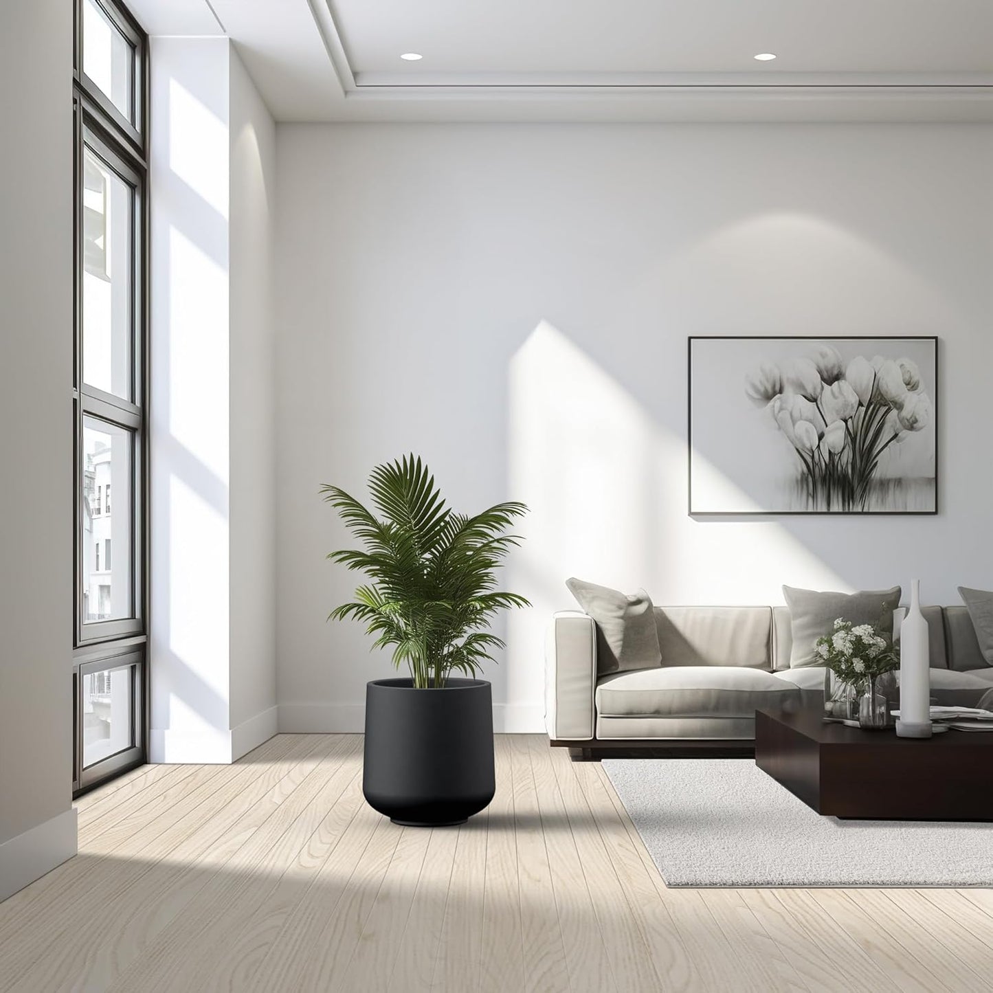 Kante 15.3" Dia Round Concrete Planter, Outdoor Indoor Large Plant Pots Containers with Drainage Hole and Rubber Plug for Home Garden Patio, Black