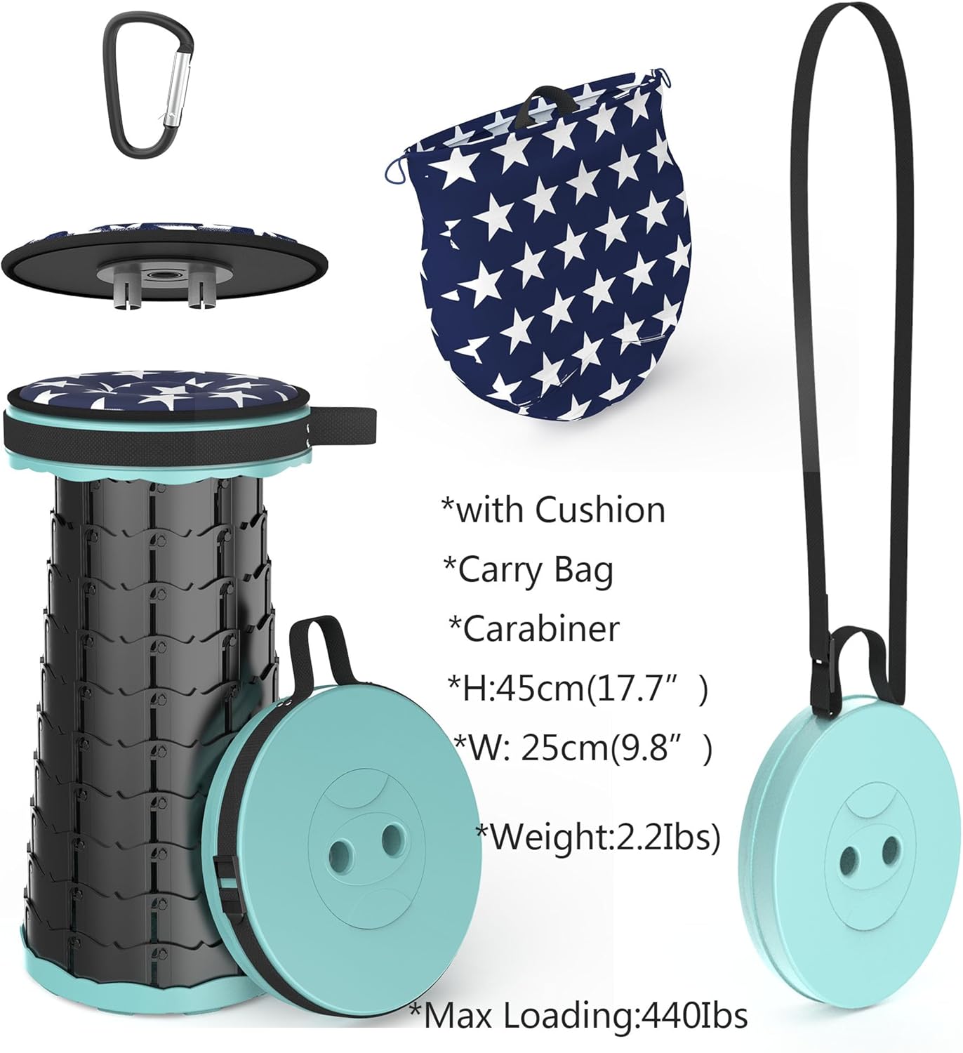 ALEVMOOM Upgraded Folding Stool with Cushion,Portable Collapsible Retractable Stool,Outdoor Chair,Yet More Sturdy Load Capacity 440lbs for Camping Garden Fishing Hiking BBQ with Carry Bag